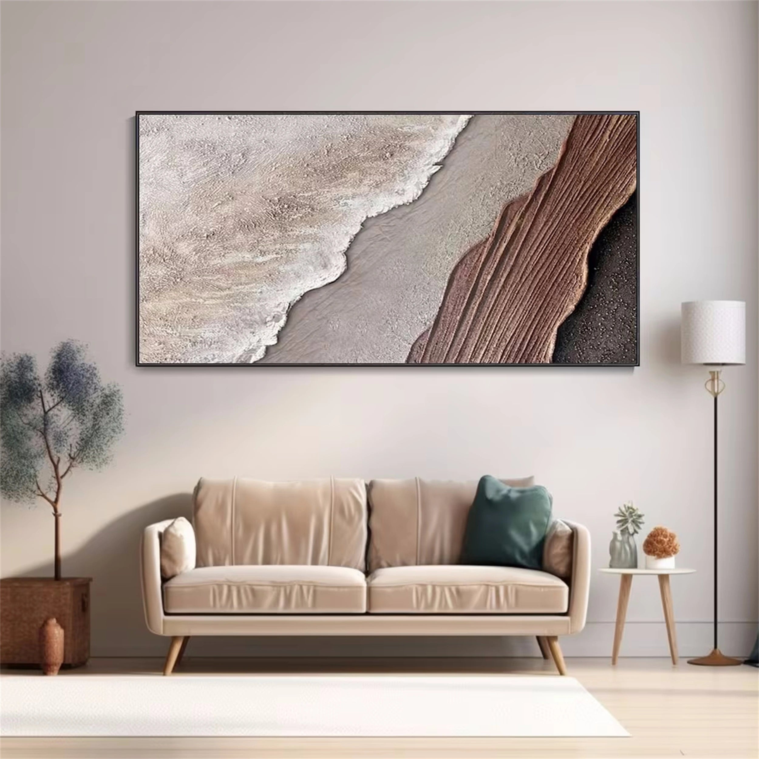 Earthbound Tide – Neutral Abstract Shoreline Painting Home Decor #JJ 259