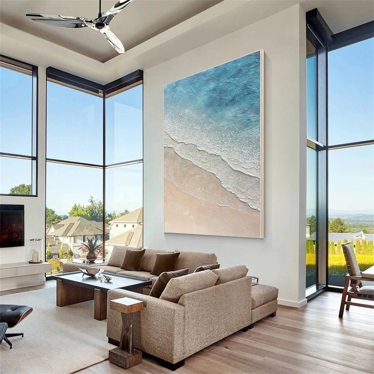 Gentle Beach and Ocean Abstract - Blue White Beige Textured Art Oil Painting #JJ 116