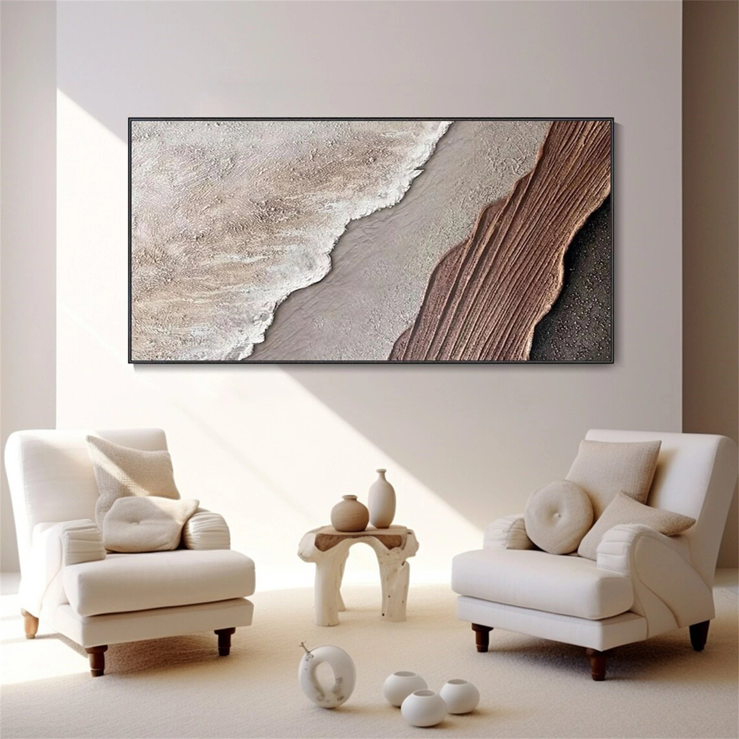 Earthbound Tide – Neutral Abstract Shoreline Painting Home Decor #JJ 259