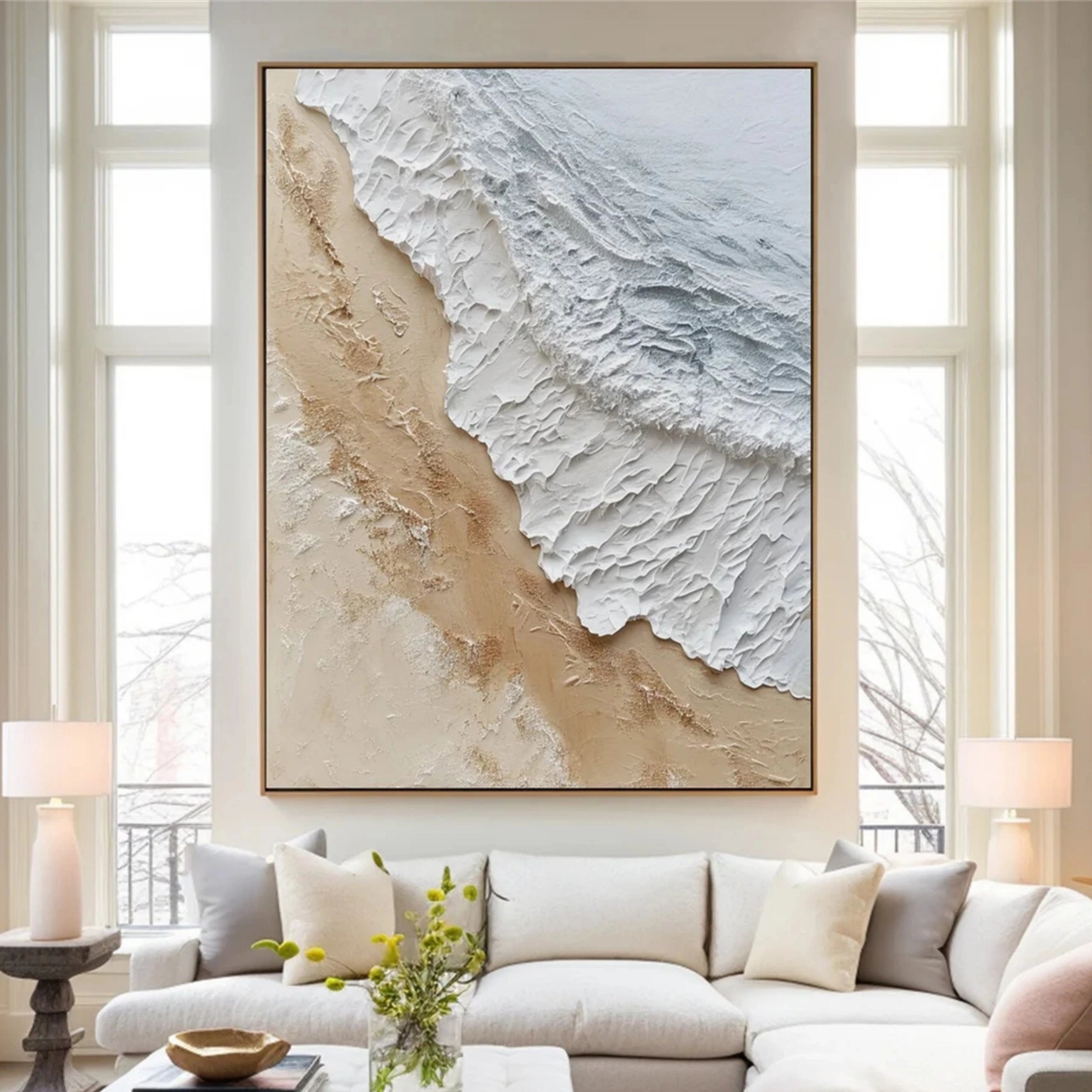 Large Textured Beach Wall Art | Vertical Neutral Coastal Canvas #ZZ 065