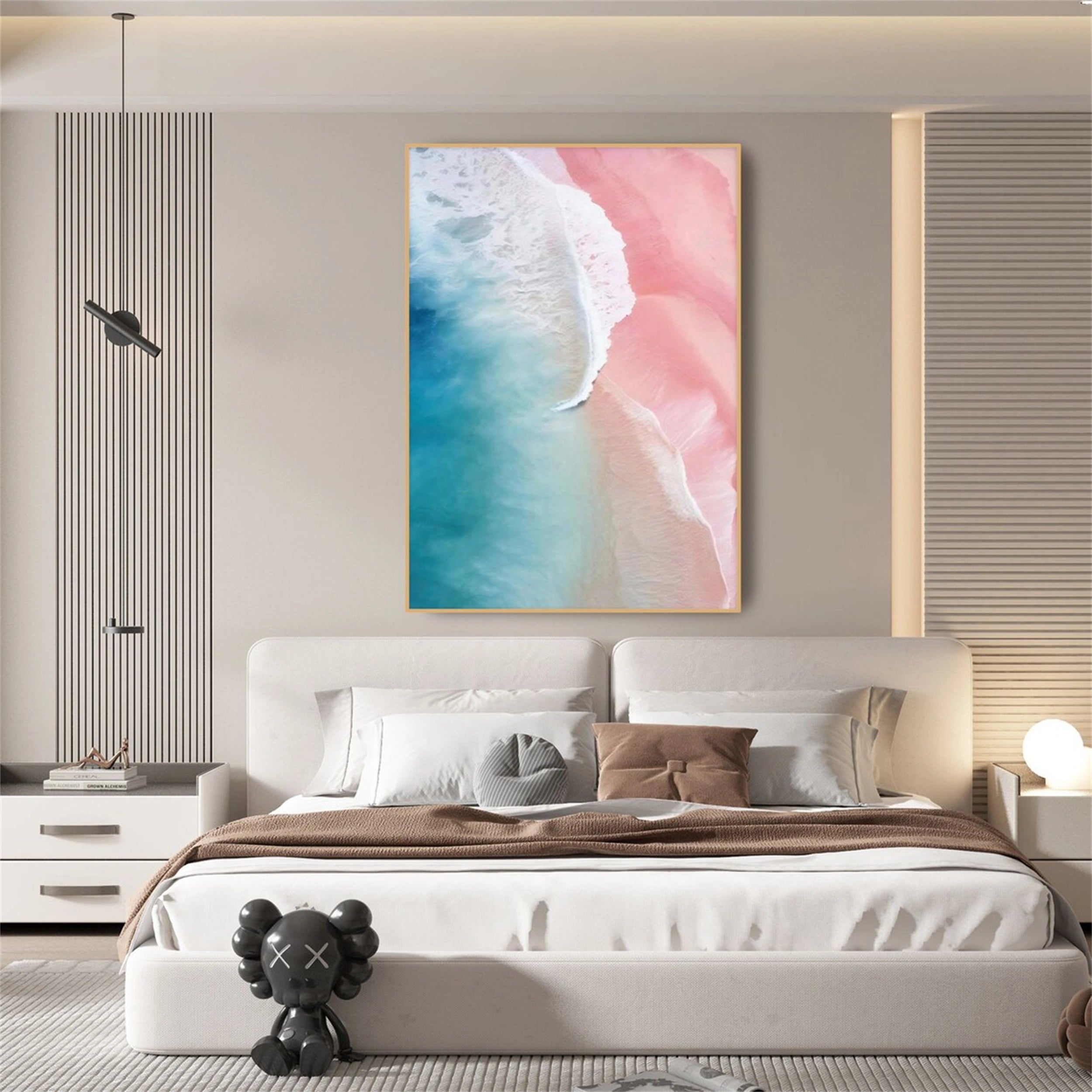 Serene Pink Teal Aerial Beach Abstract Sea Waves Texture Painting Canvas #JJ 265