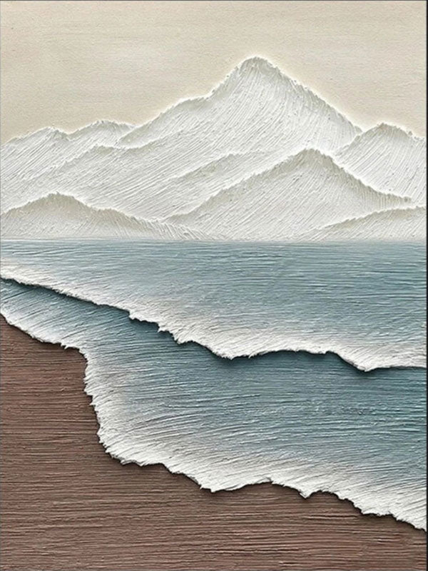 White Blue Textured Mountain Sea Abstract Oil Painting - Modern Art #JJ 115