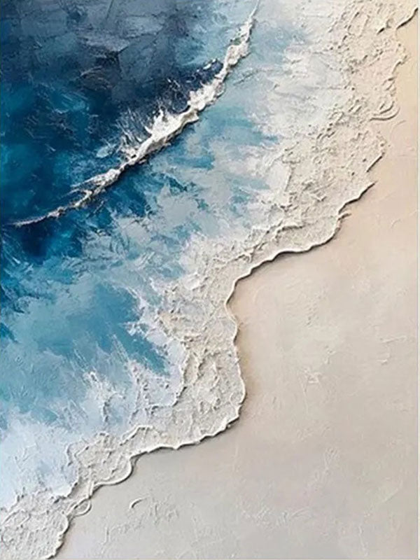 Calm Coastal Sand and Sea Textured Abstract - Blue and White Minimalist Oil Painting #JJ 136
