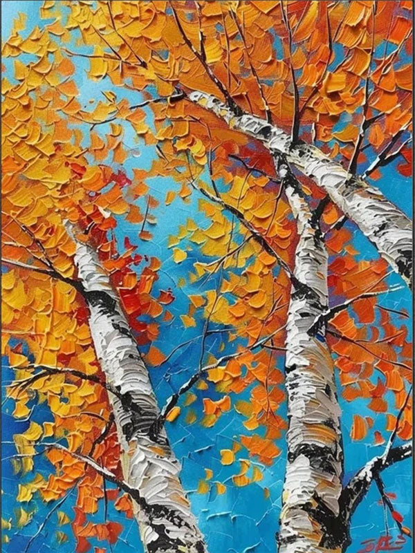 Autumn Birches Hand-Painted Oil Painting | Textured Orange Leaves Art #JJ 349