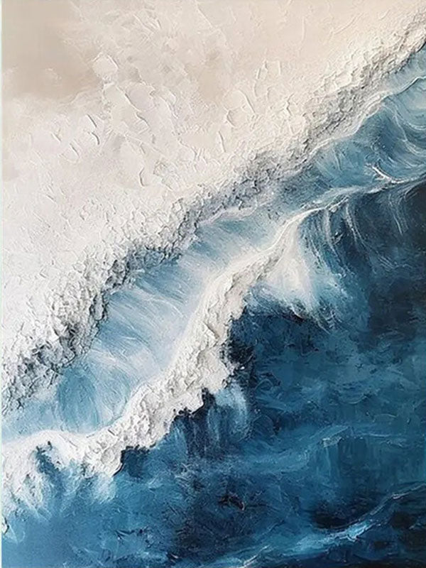 Blue White Beige Textured Beach Abstract Oil Painting - Modern Serene Art #JJ 120