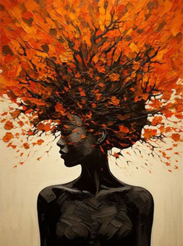 Orange Brown Explosive Hair Abstract Portrait Painting, Modern Art Wall Art #TB 044