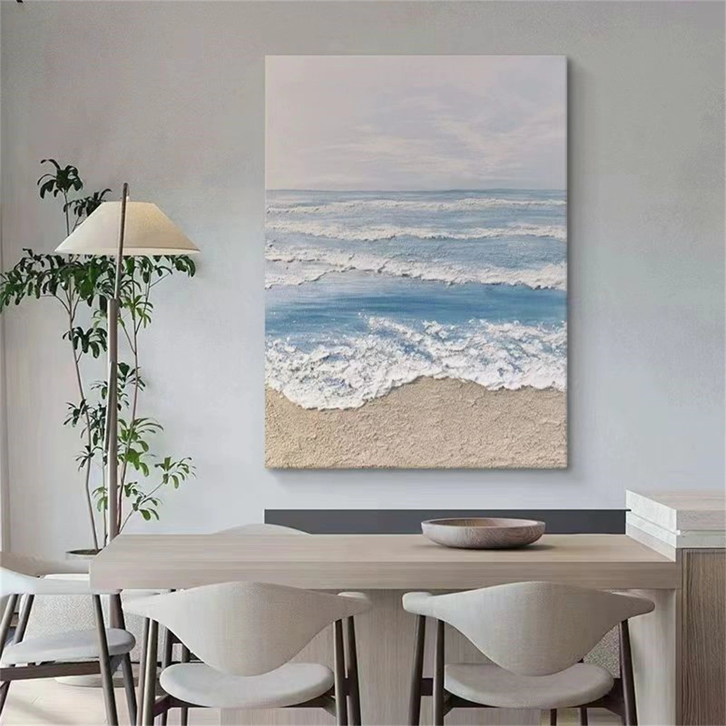 Blue White Beige Textured Beach Abstract Oil Painting - Modern Serene Art #JJ 131