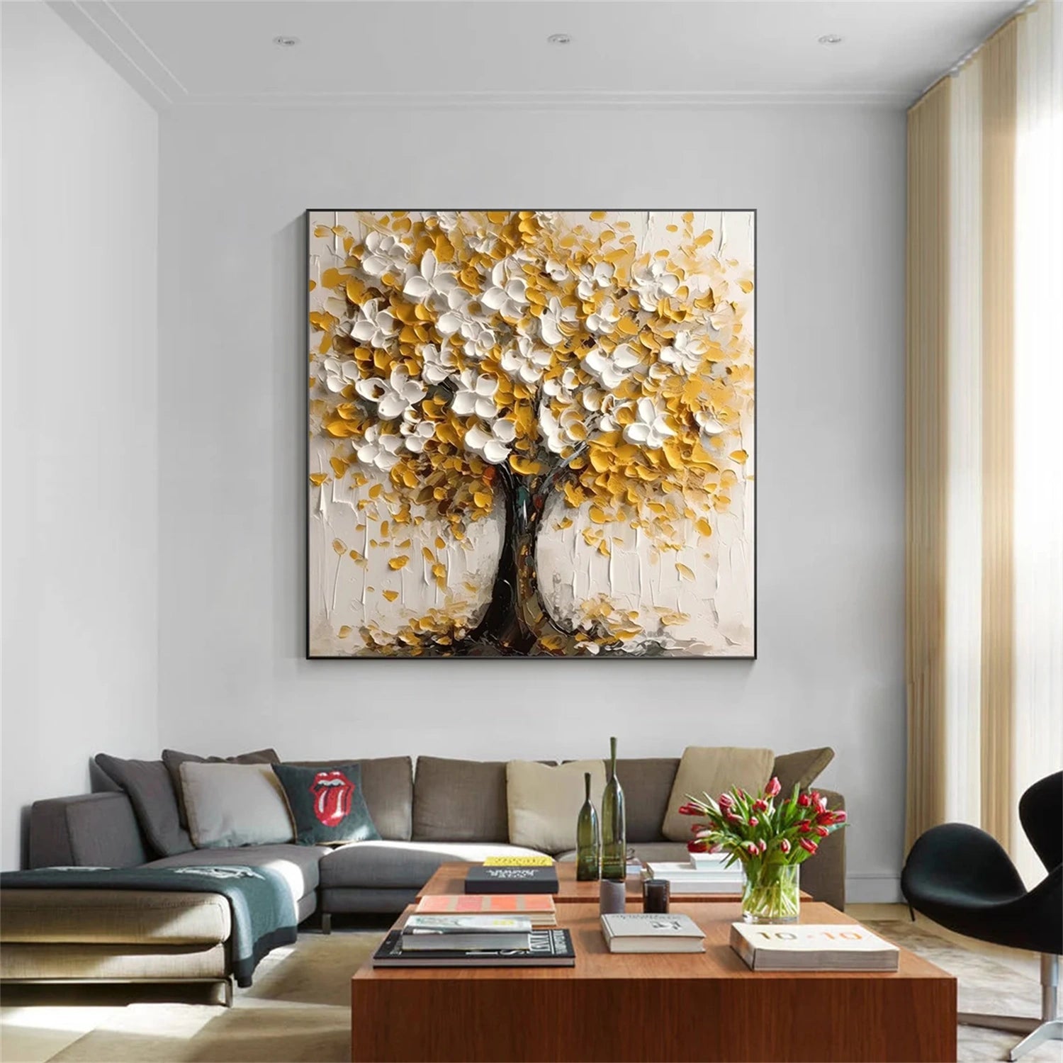 Golden White Textured Tree Painting | Modern Floral Art #JJ 350