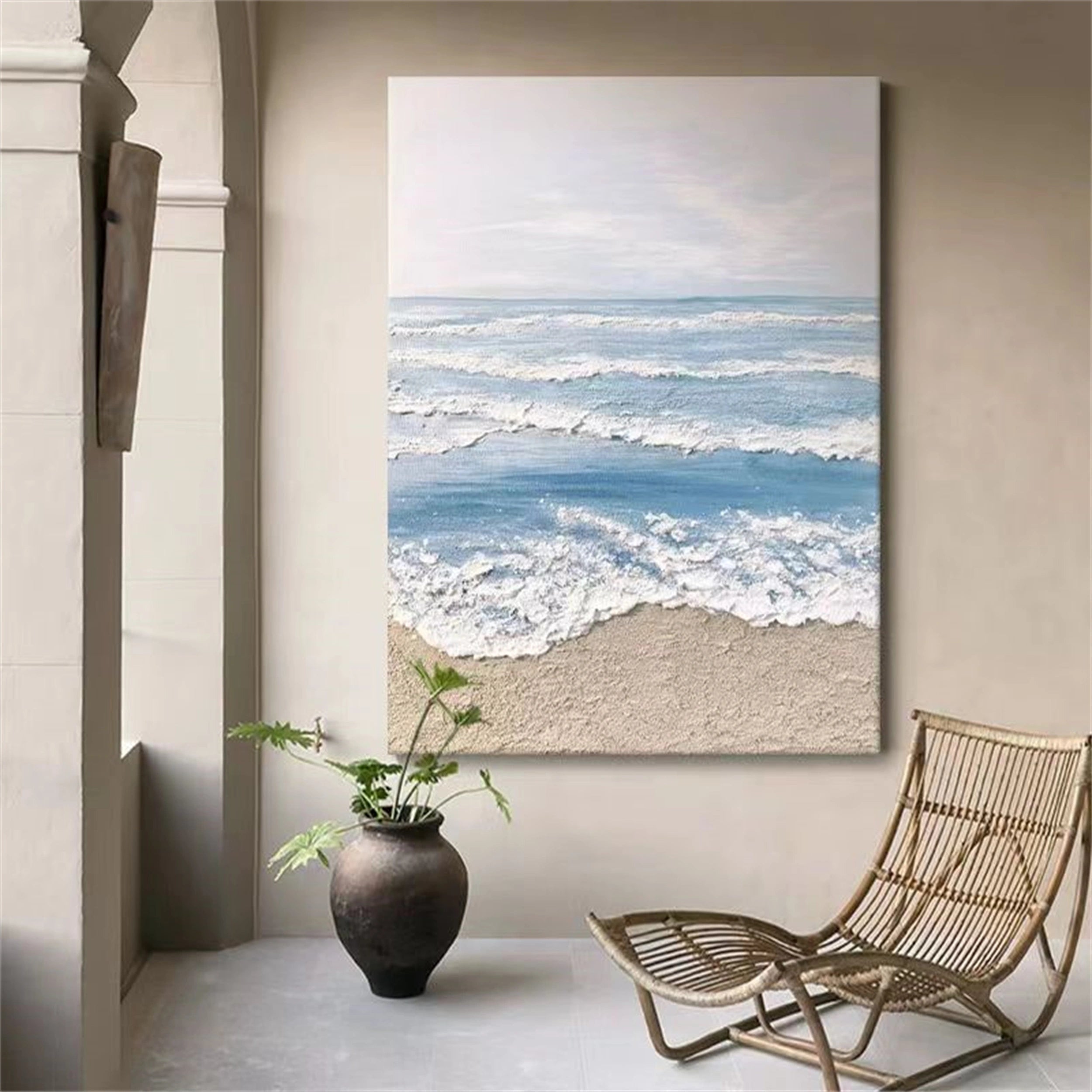 Blue White Beige Textured Beach Abstract Oil Painting - Modern Serene Art #JJ 131