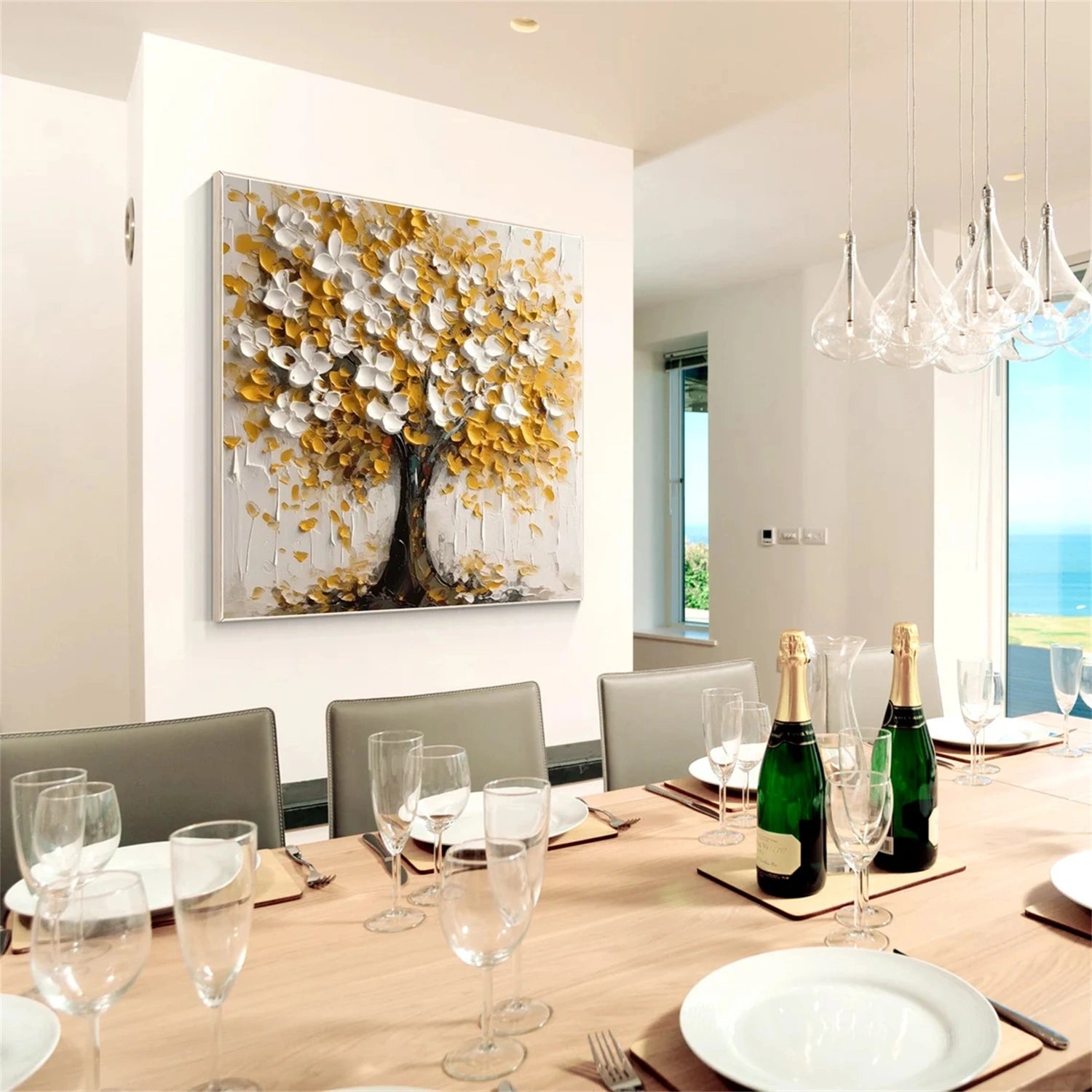 Golden White Textured Tree Painting | Modern Floral Art #JJ 350