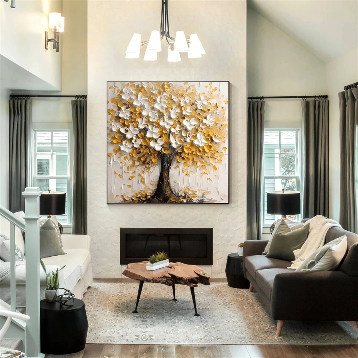 Golden White Textured Tree Painting | Modern Floral Art #JJ 350