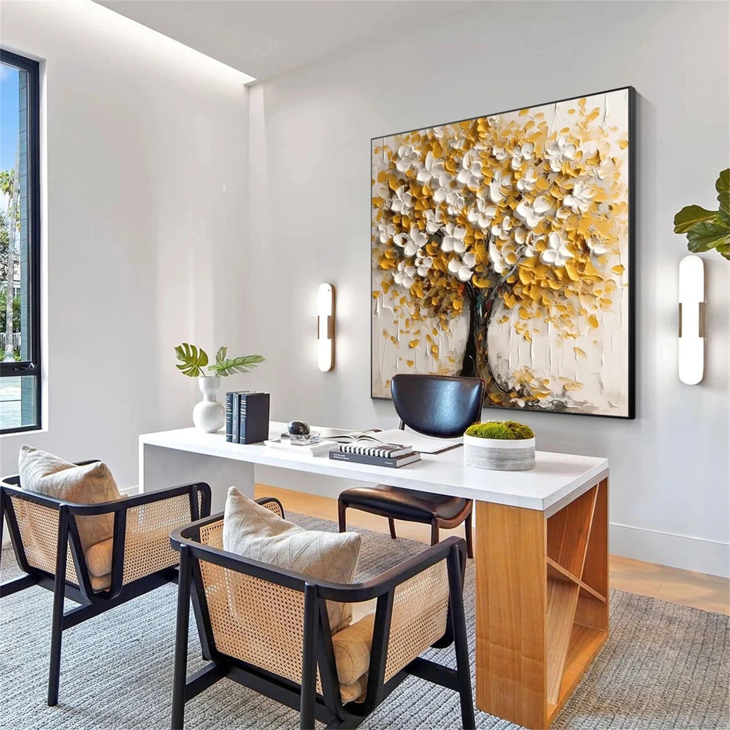 Golden White Textured Tree Painting | Modern Floral Art #JJ 350