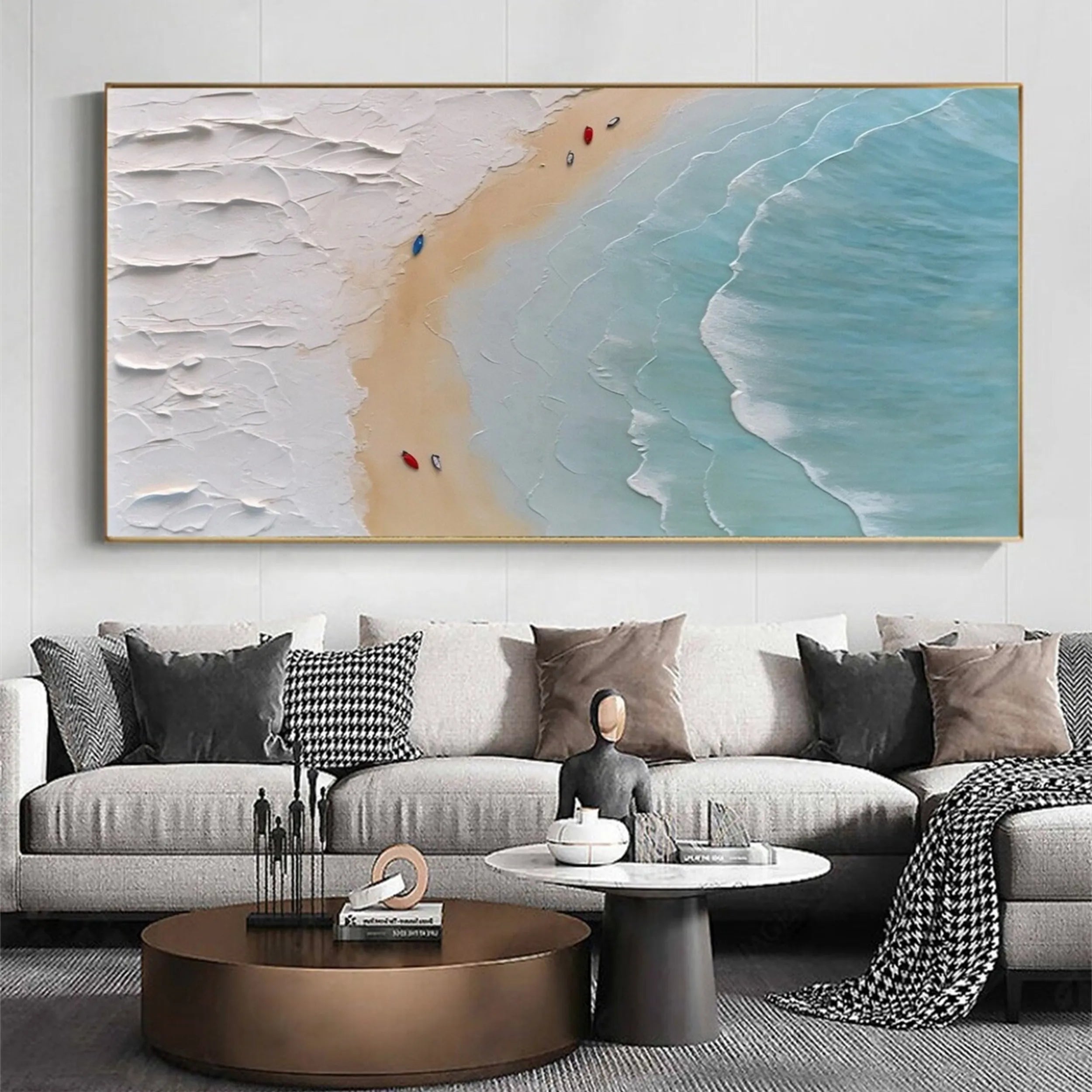 Art Deco Calm Coastal Textured Abstract Oil Painting - Light Blue Wall Art #JJ 189