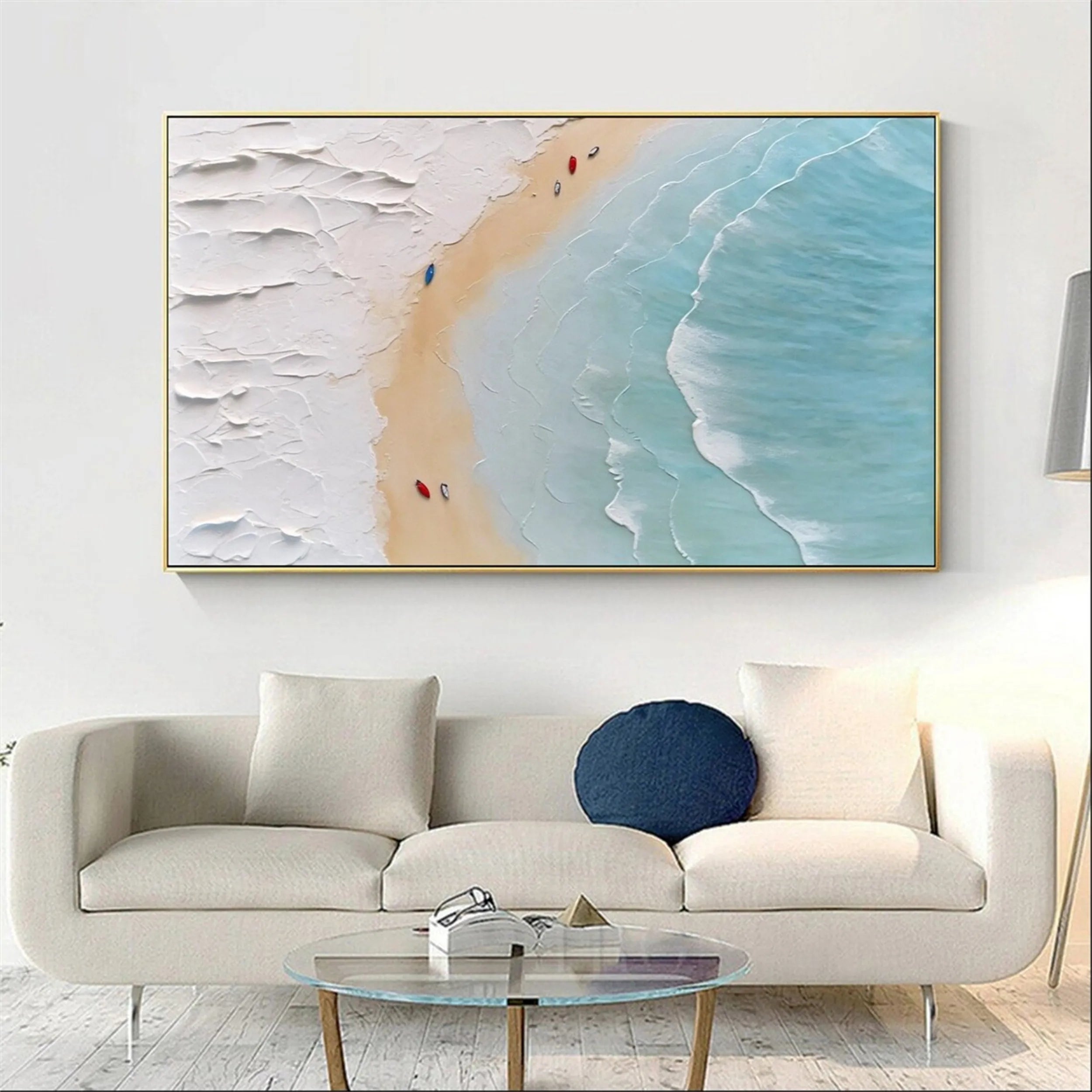 Art Deco Calm Coastal Textured Abstract Oil Painting - Light Blue Wall Art #JJ 189