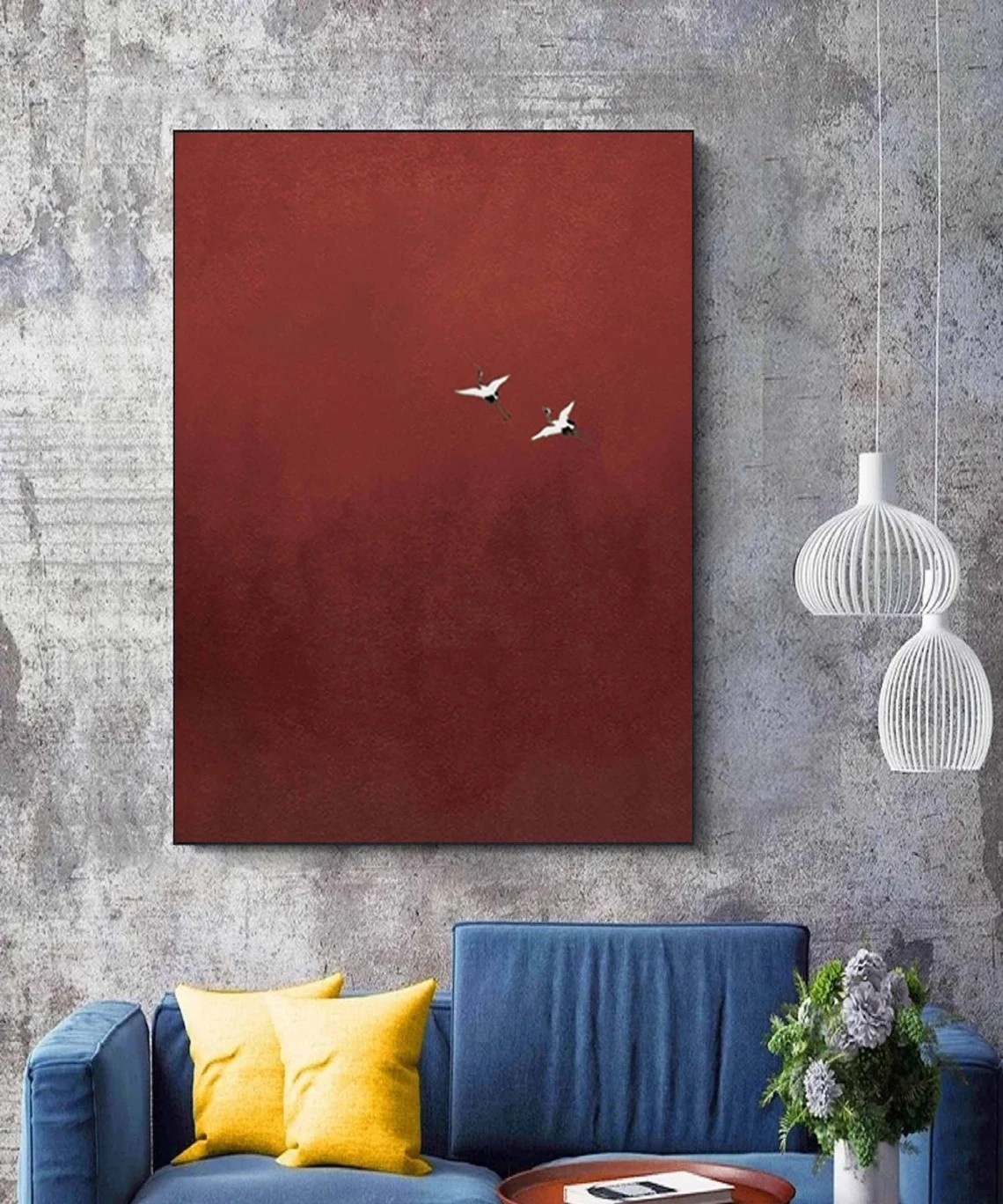 Minimalist Red Abstract Oil Painting with Flying Birds Wall Art  #TC 026
