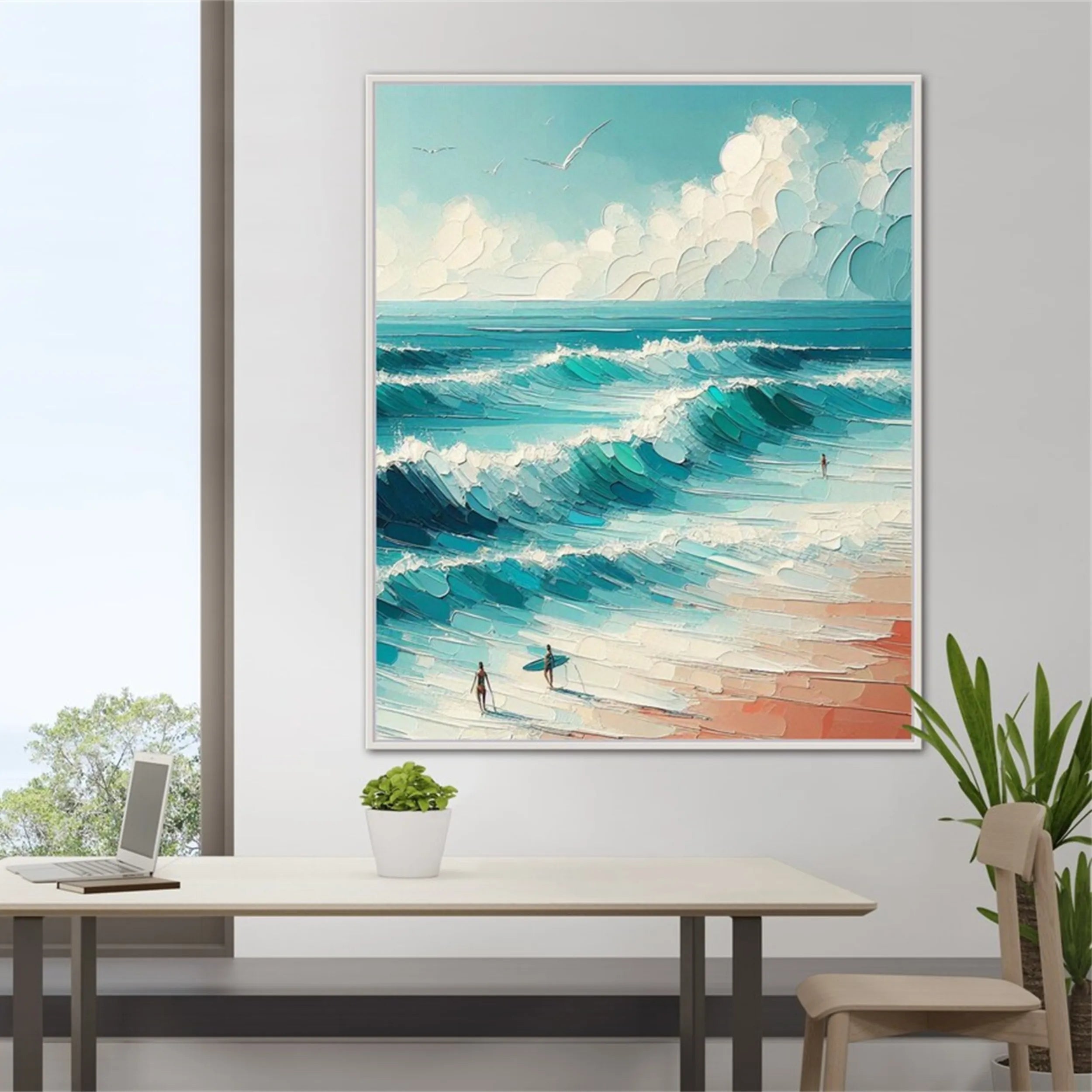 Hand-Painted Ocean Waves Canvas Art - Coastal Living Room Decor #JJ 145