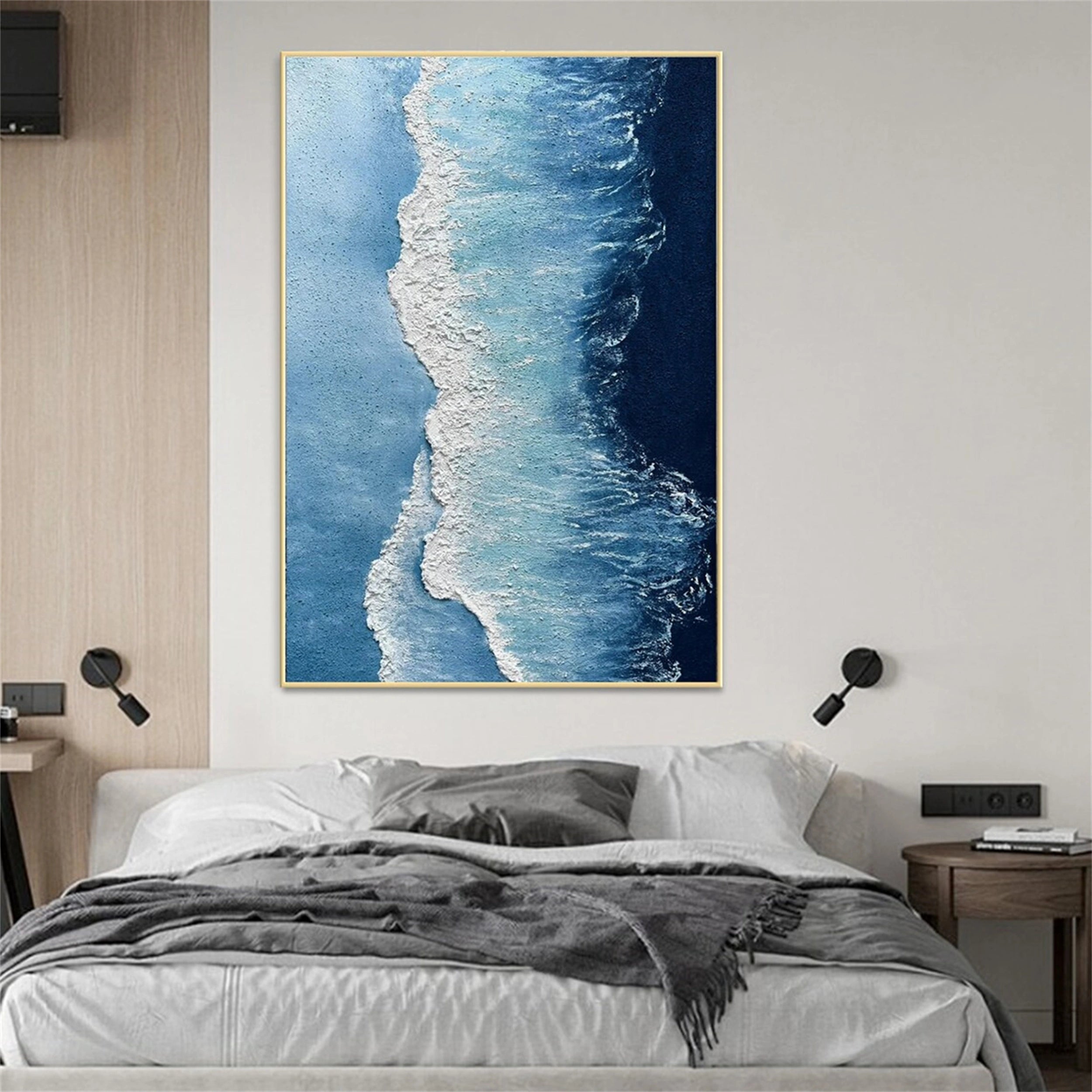 Textured Ocean Wave Wall Art | Vertical Blue Abstract Canvas #ZZ 066