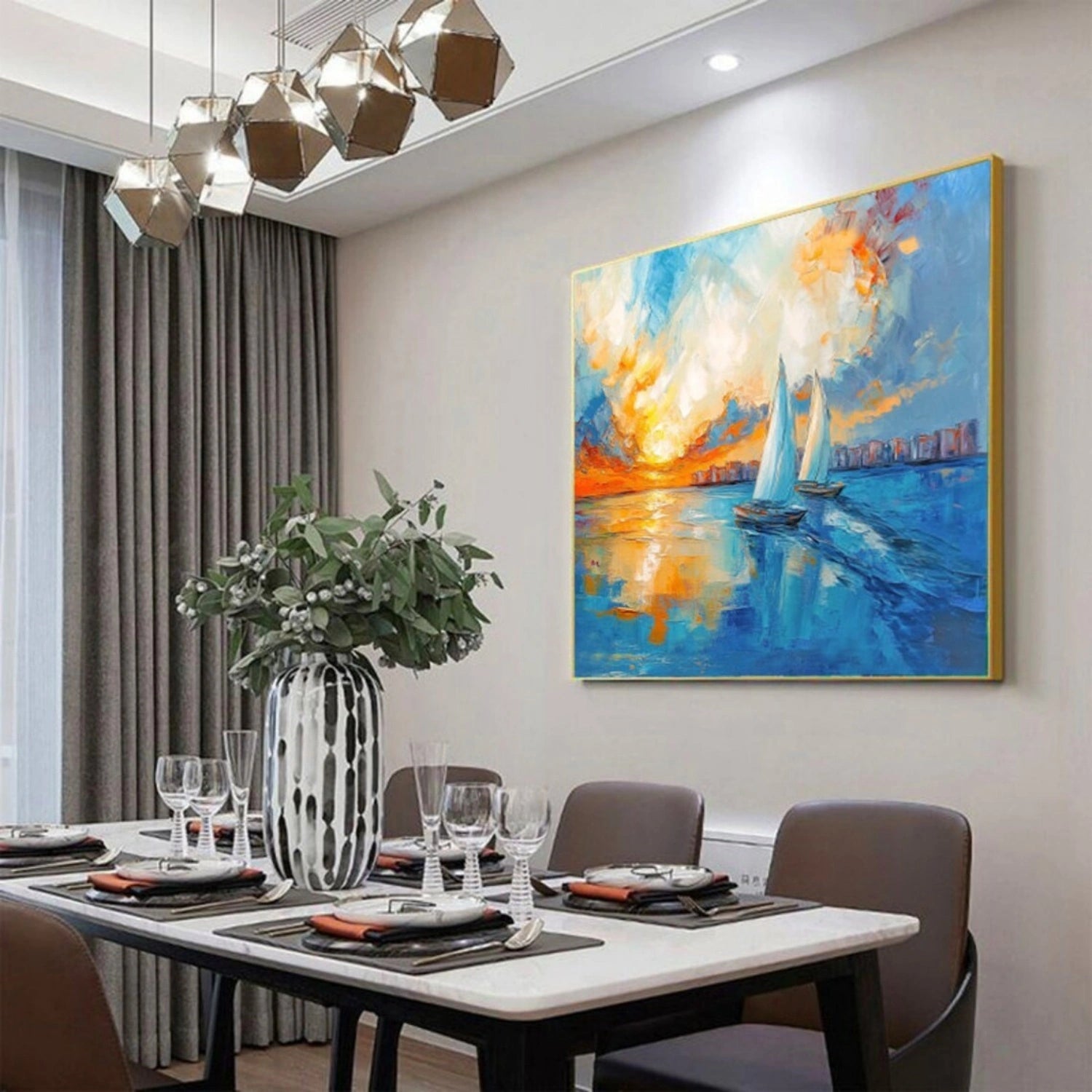 Square Calm Ocean Sunset Cityscape Abstract - Sailboat Oil Painting #JJ 183