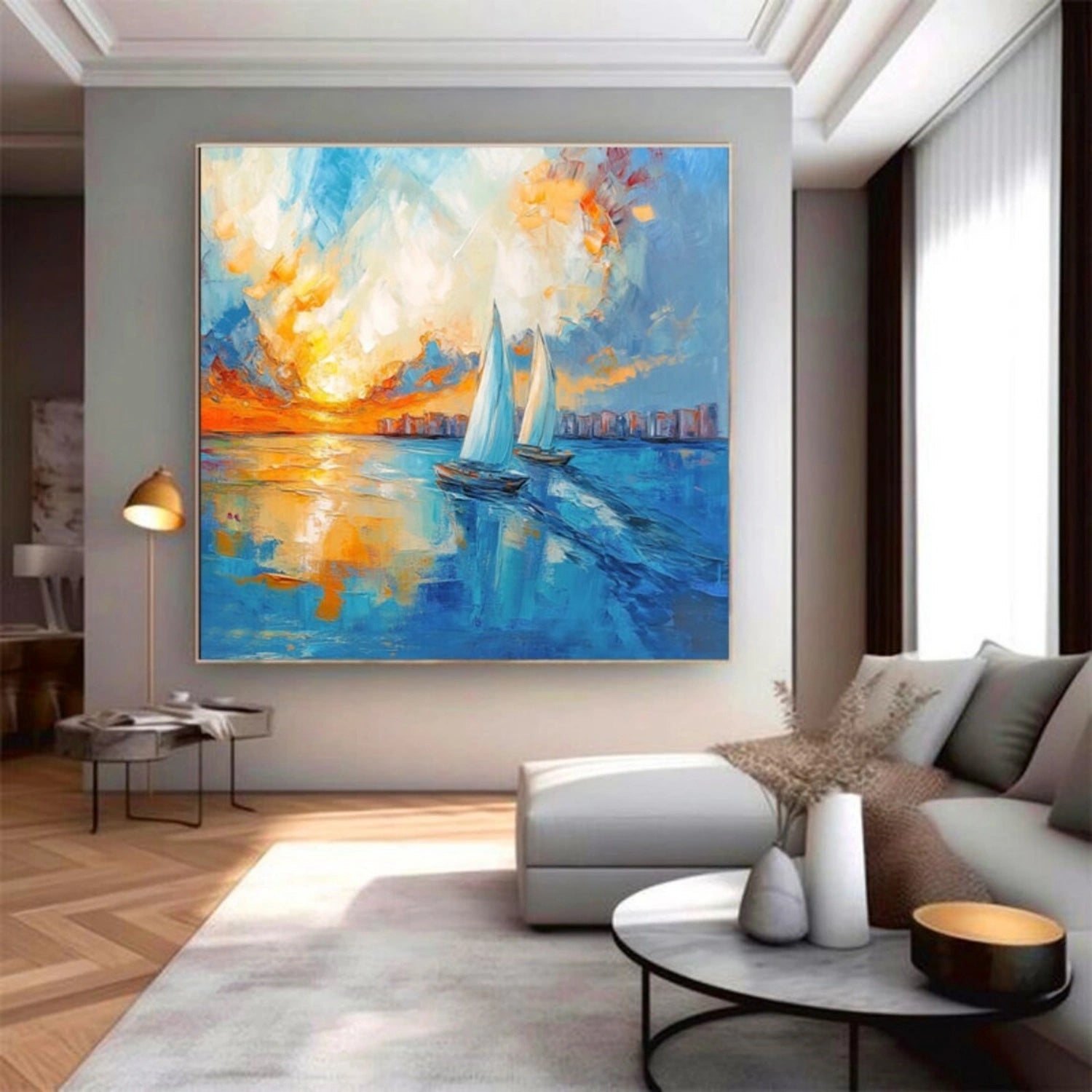 Square Calm Ocean Sunset Cityscape Abstract - Sailboat Oil Painting #JJ 183