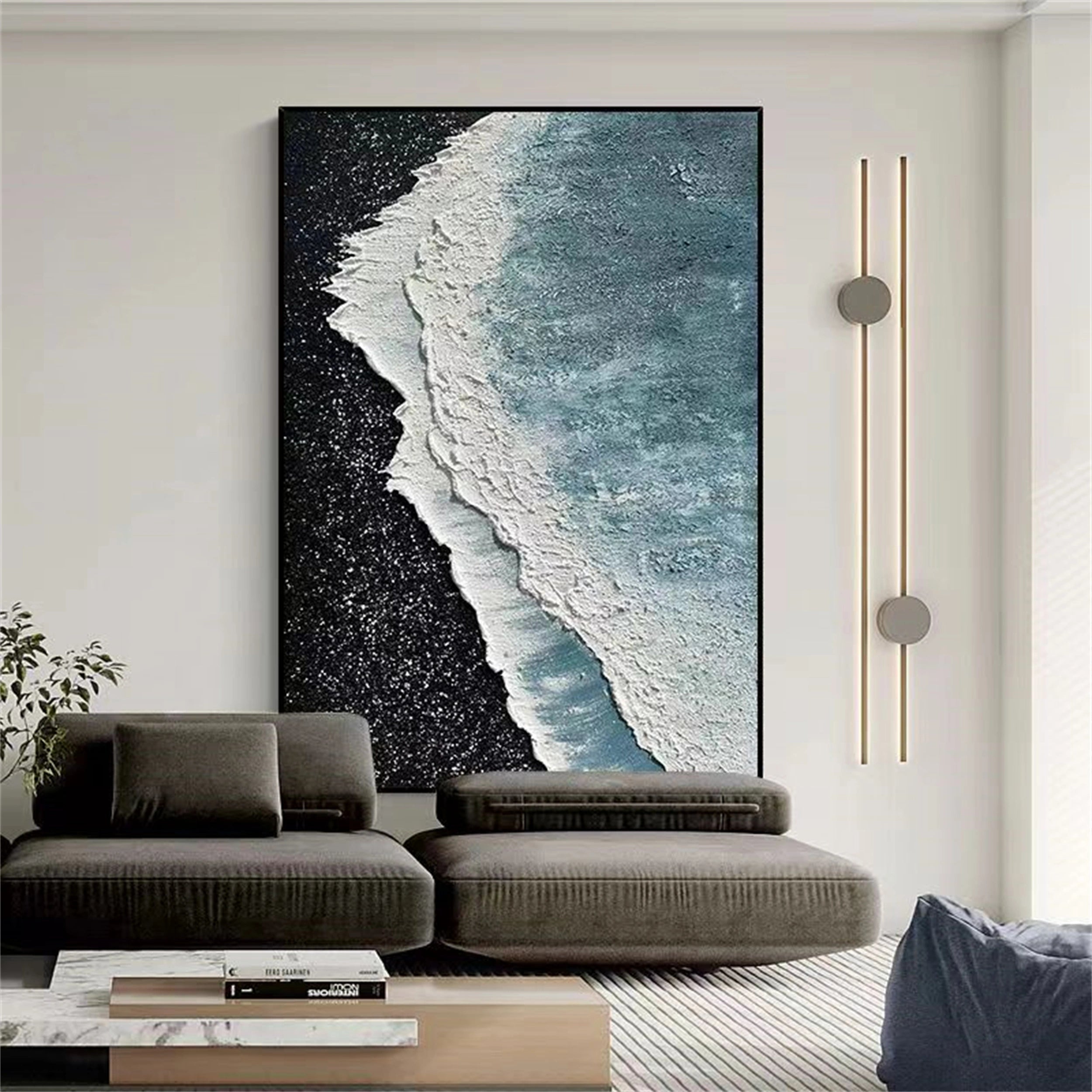 Textured Ocean Wave Wall Art | Black Sand Beach Canvas Painting #ZZ 068