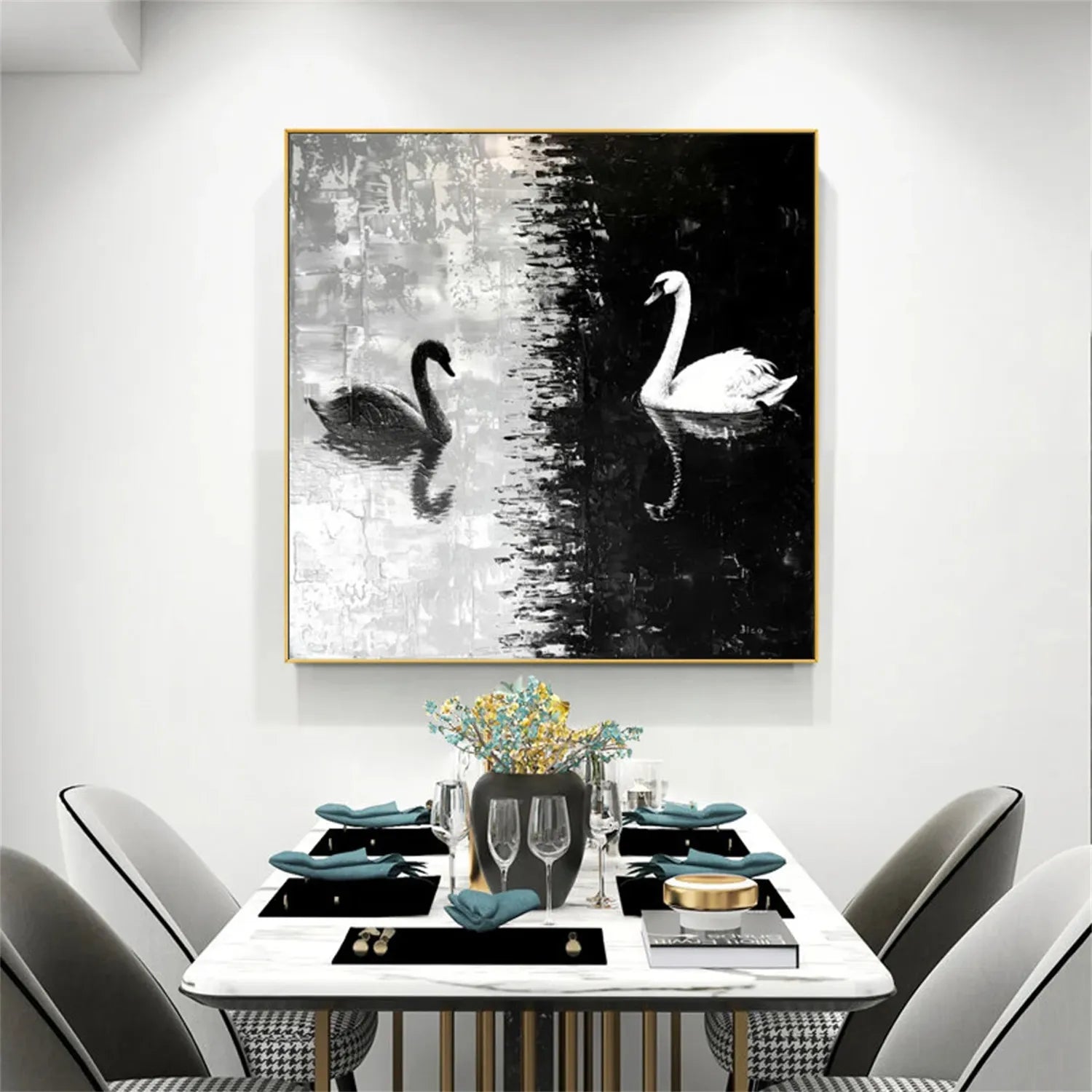 Black and White Swan Wall Art | Large Square Abstract Painting #ZZ 219