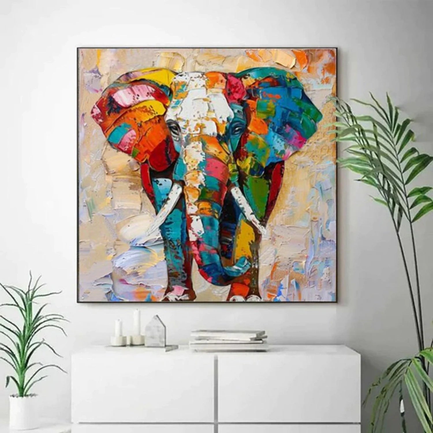Colorful Elephant Wall Art | Large Square Abstract Animal Painting #ZZ 215