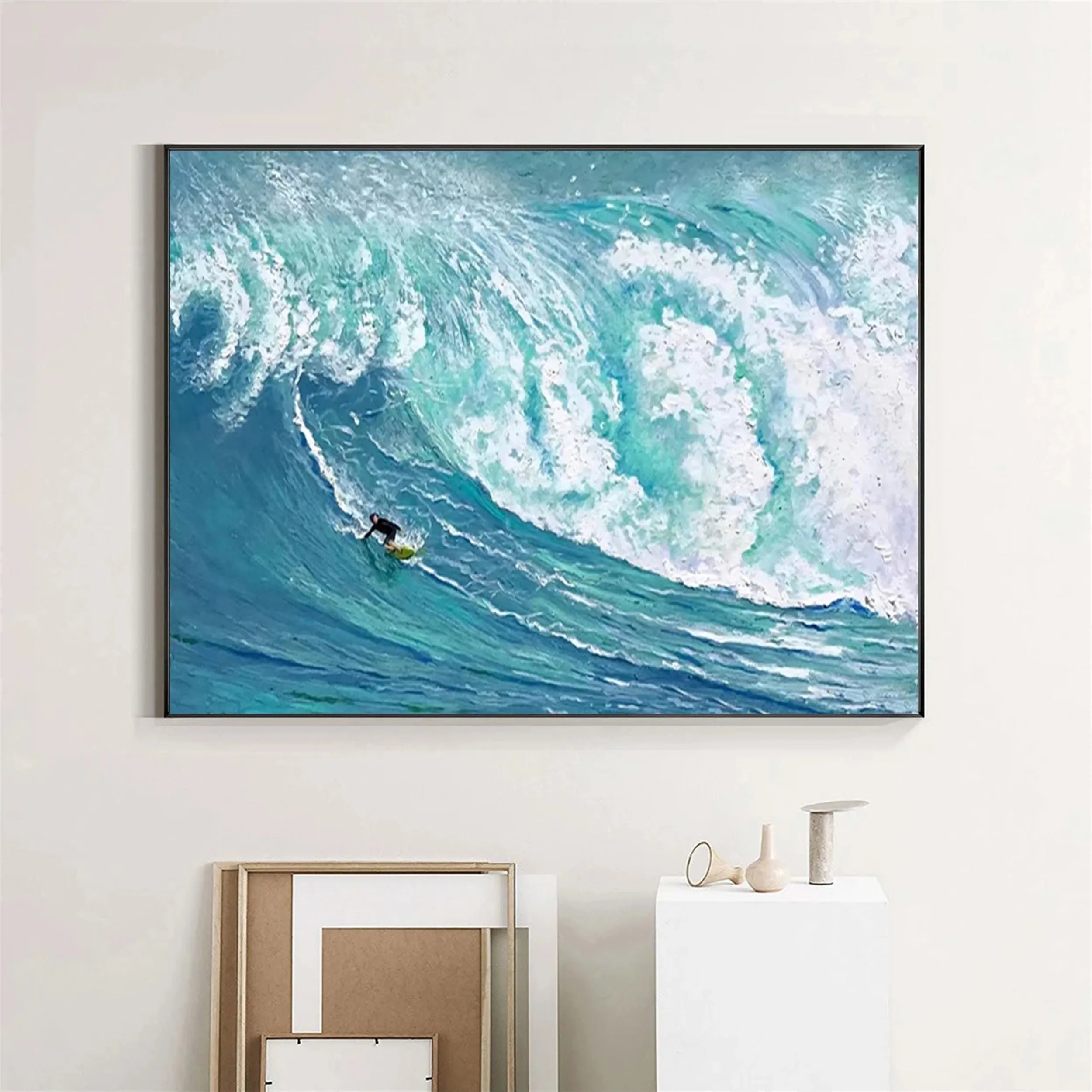 Teal White Textured Surfing Abstract Oil Painting for Wall Decor #JJ 186