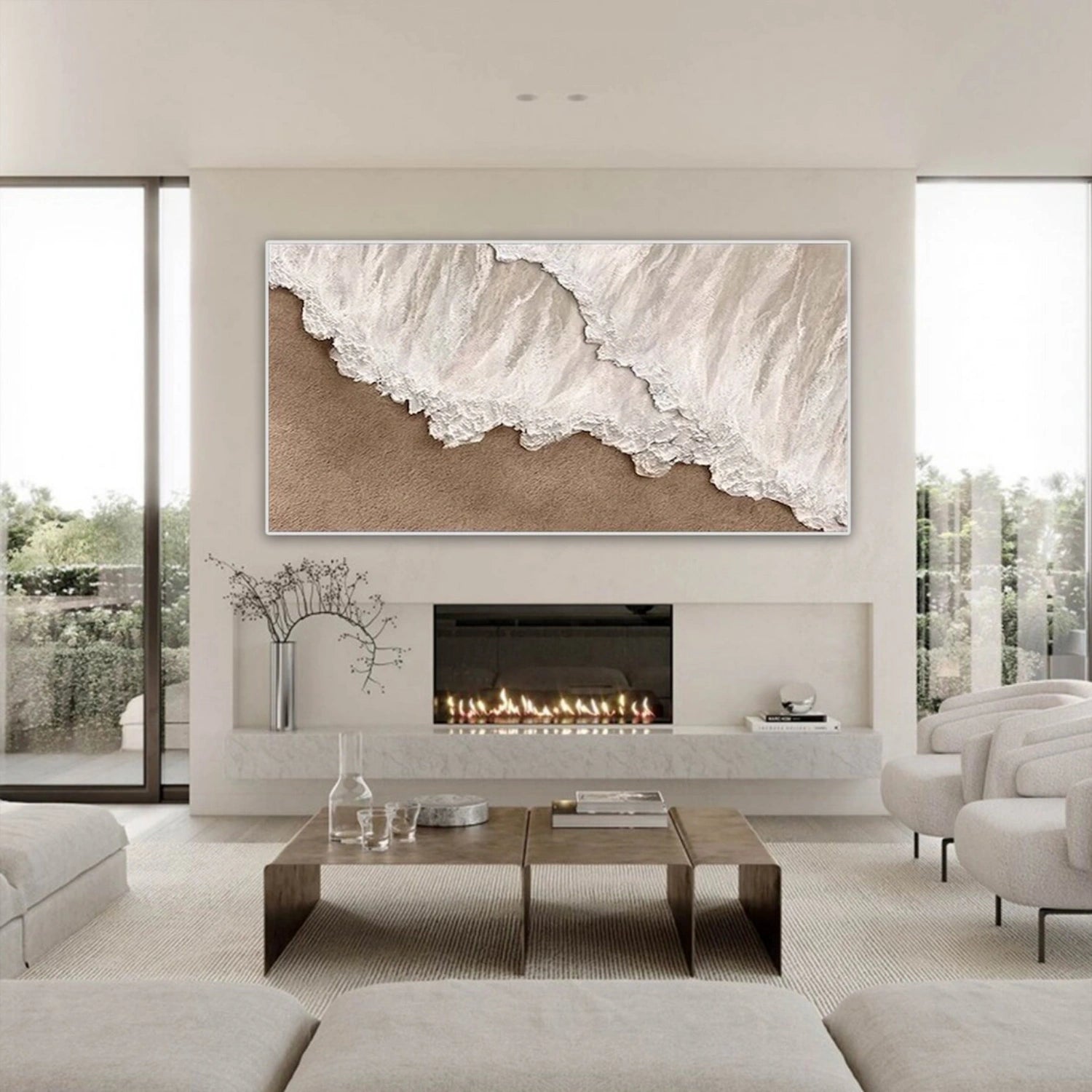 Large Horizontal Beige White Textured Beach Abstract - Modern Wall Art #JJ 174