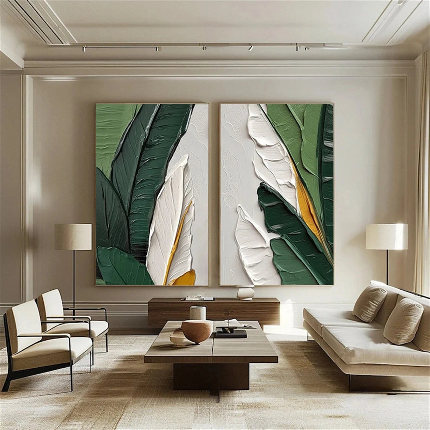 Stunning Hand - painted Oil Paintings: Leaf - inspired Duo for Modern Living Spaces #JJ 331