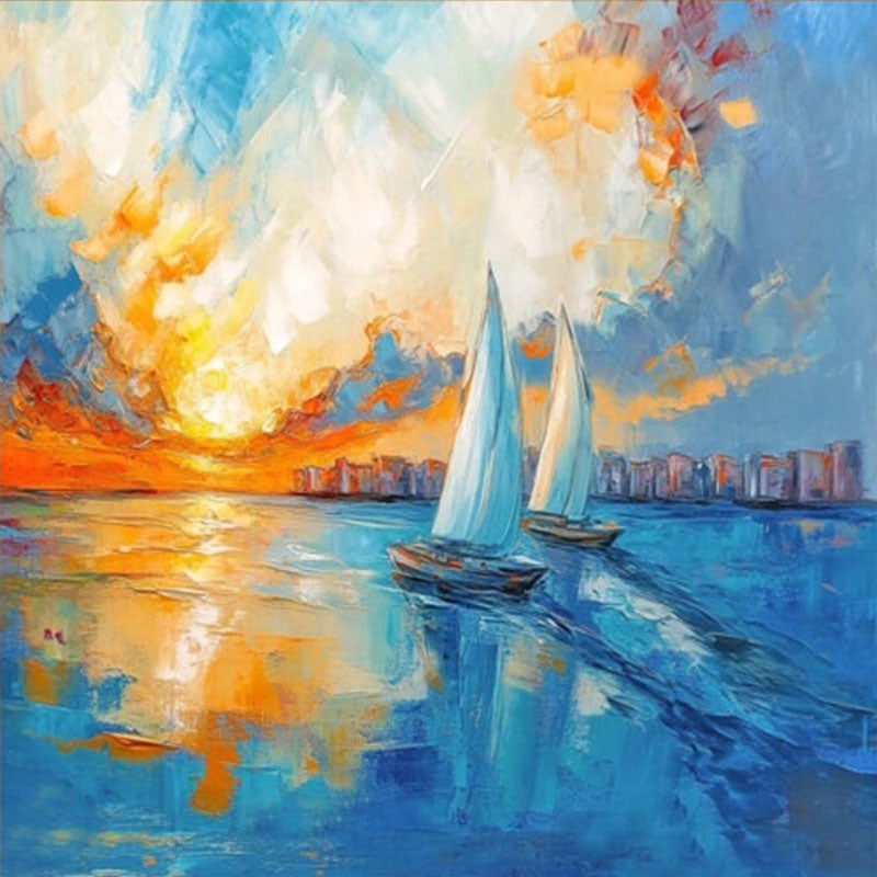 Square Calm Ocean Sunset Cityscape Abstract - Sailboat Oil Painting #JJ 183