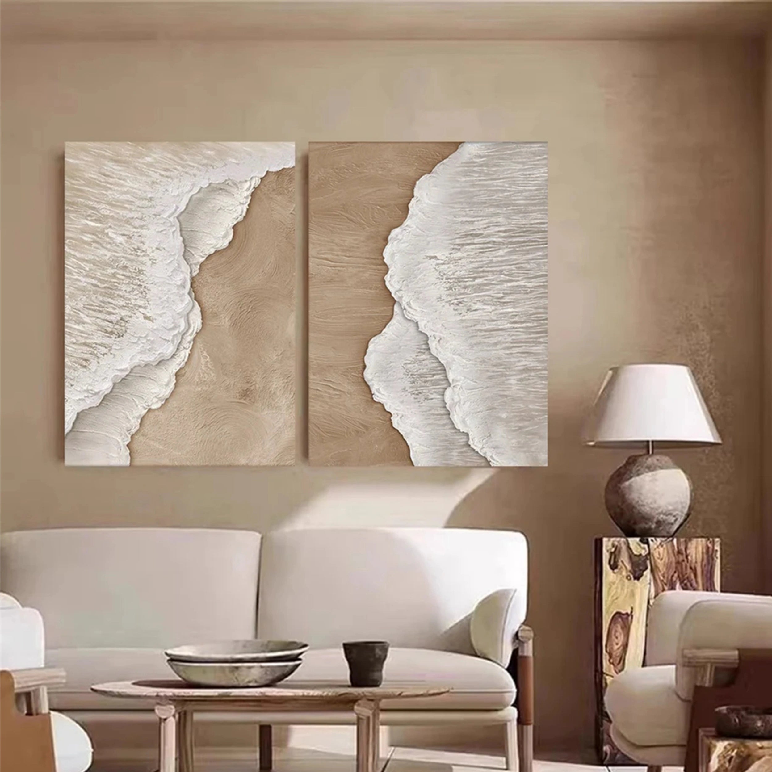 Abstract Seascape Diptych: Textured Beach Painting Set of 2 #ZZ 042
