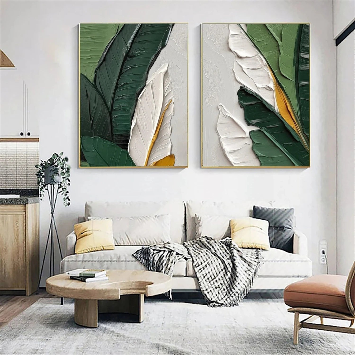 Stunning Hand - painted Oil Paintings: Leaf - inspired Duo for Modern Living Spaces #JJ 331