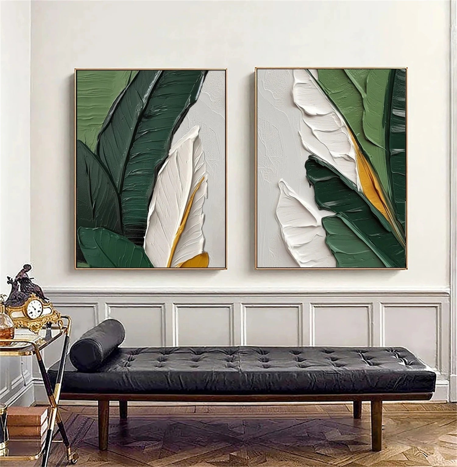 Stunning Hand - painted Oil Paintings: Leaf - inspired Duo for Modern Living Spaces #JJ 331