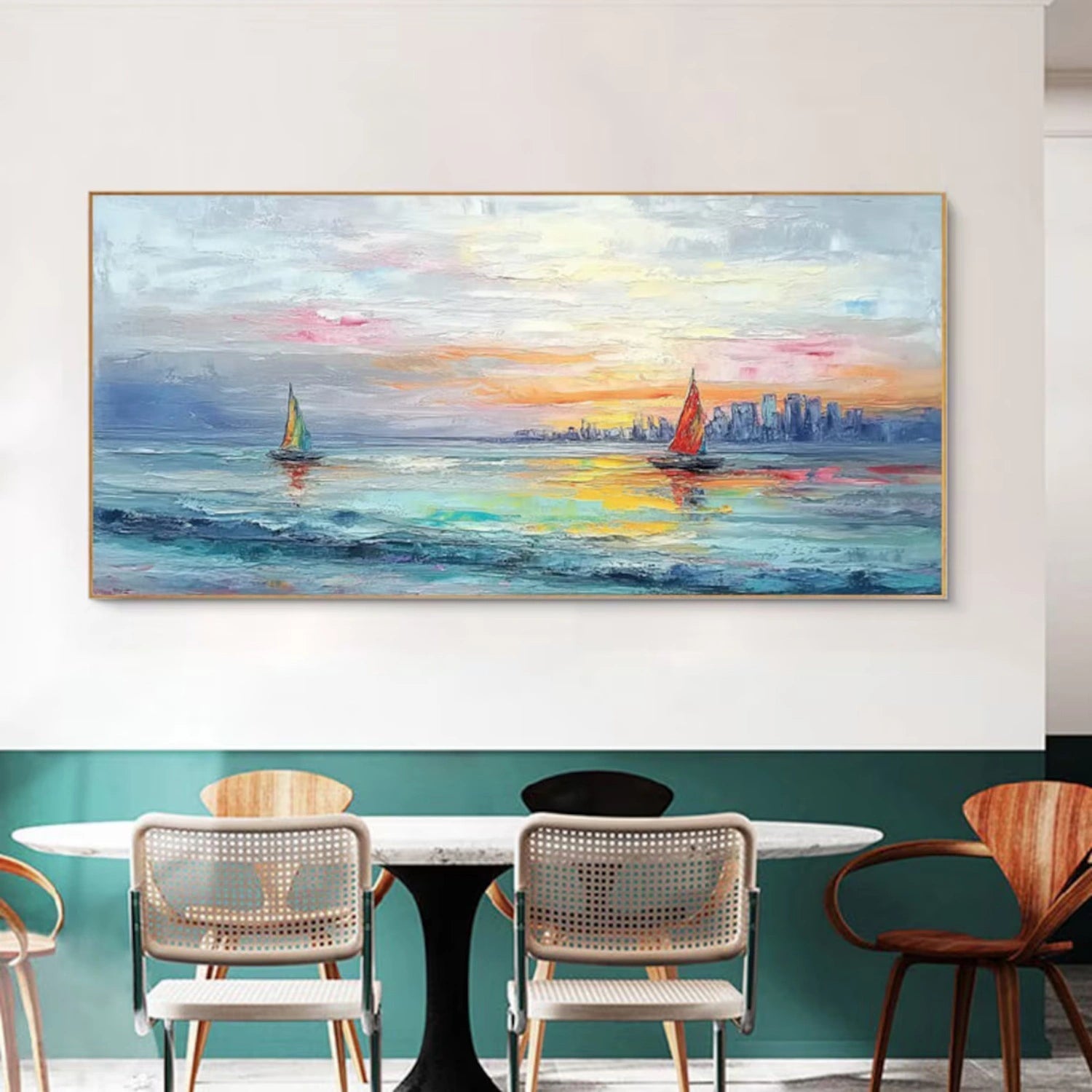 Sunset Seascape Sailboats City Abstract Oil Painting for Home Decor #JJ 181