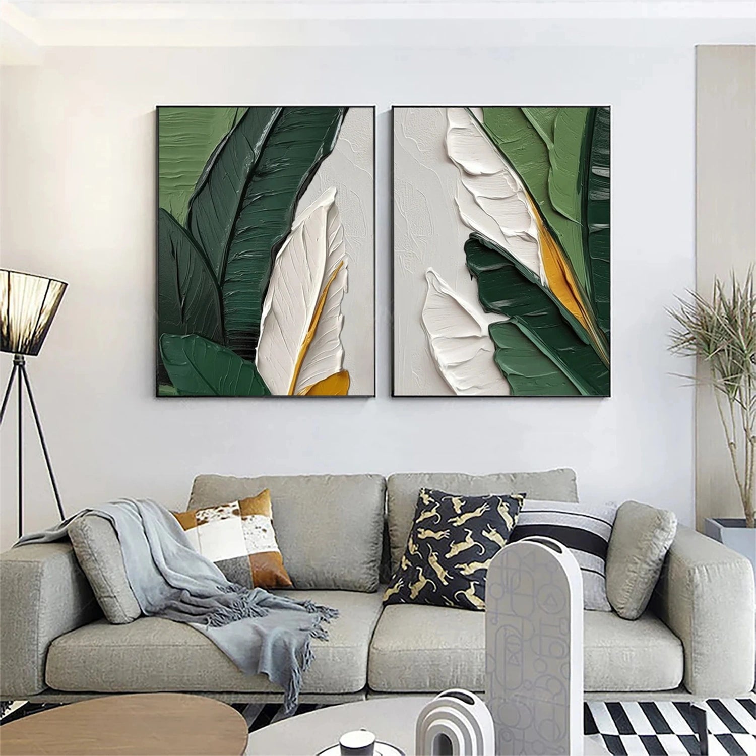 Stunning Hand - painted Oil Paintings: Leaf - inspired Duo for Modern Living Spaces #JJ 331