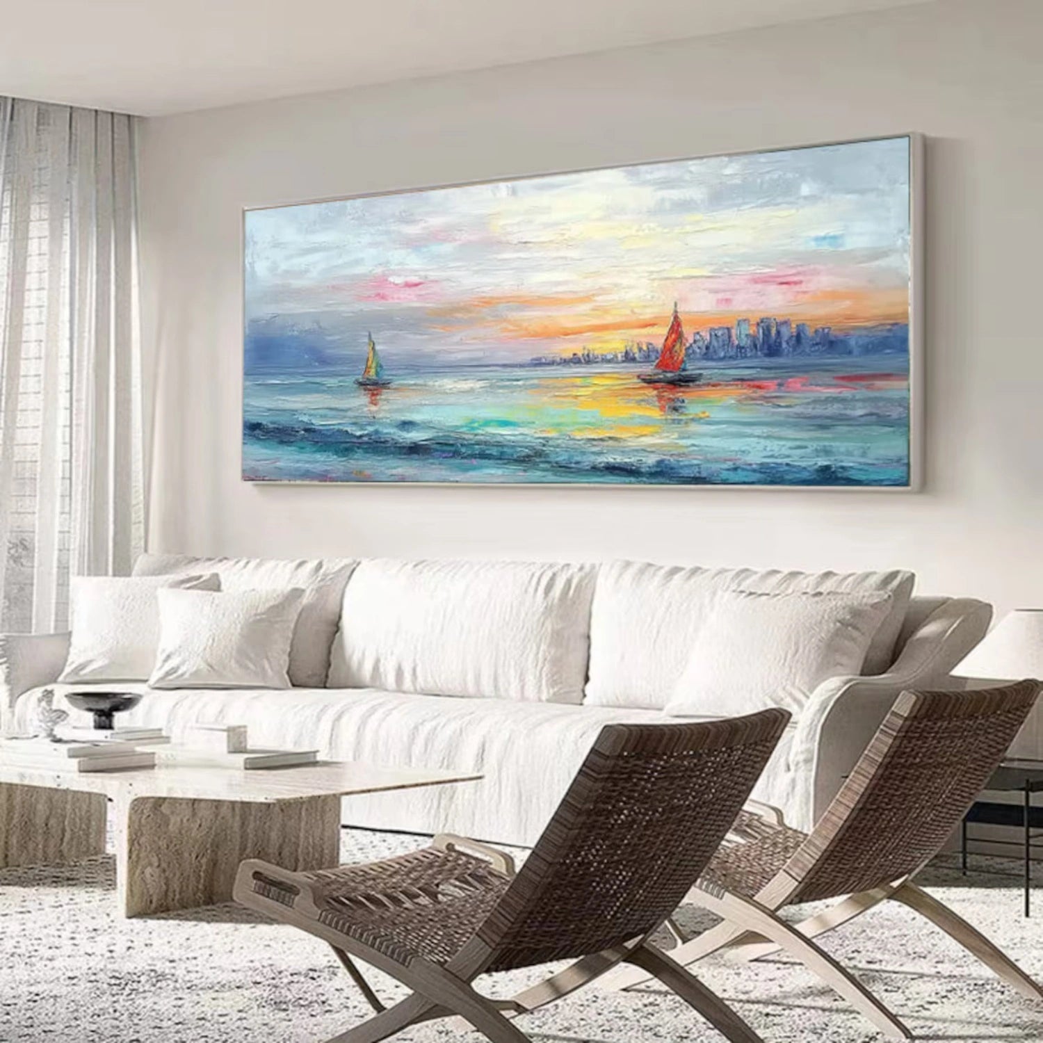 Sunset Seascape Sailboats City Abstract Oil Painting for Home Decor #JJ 181