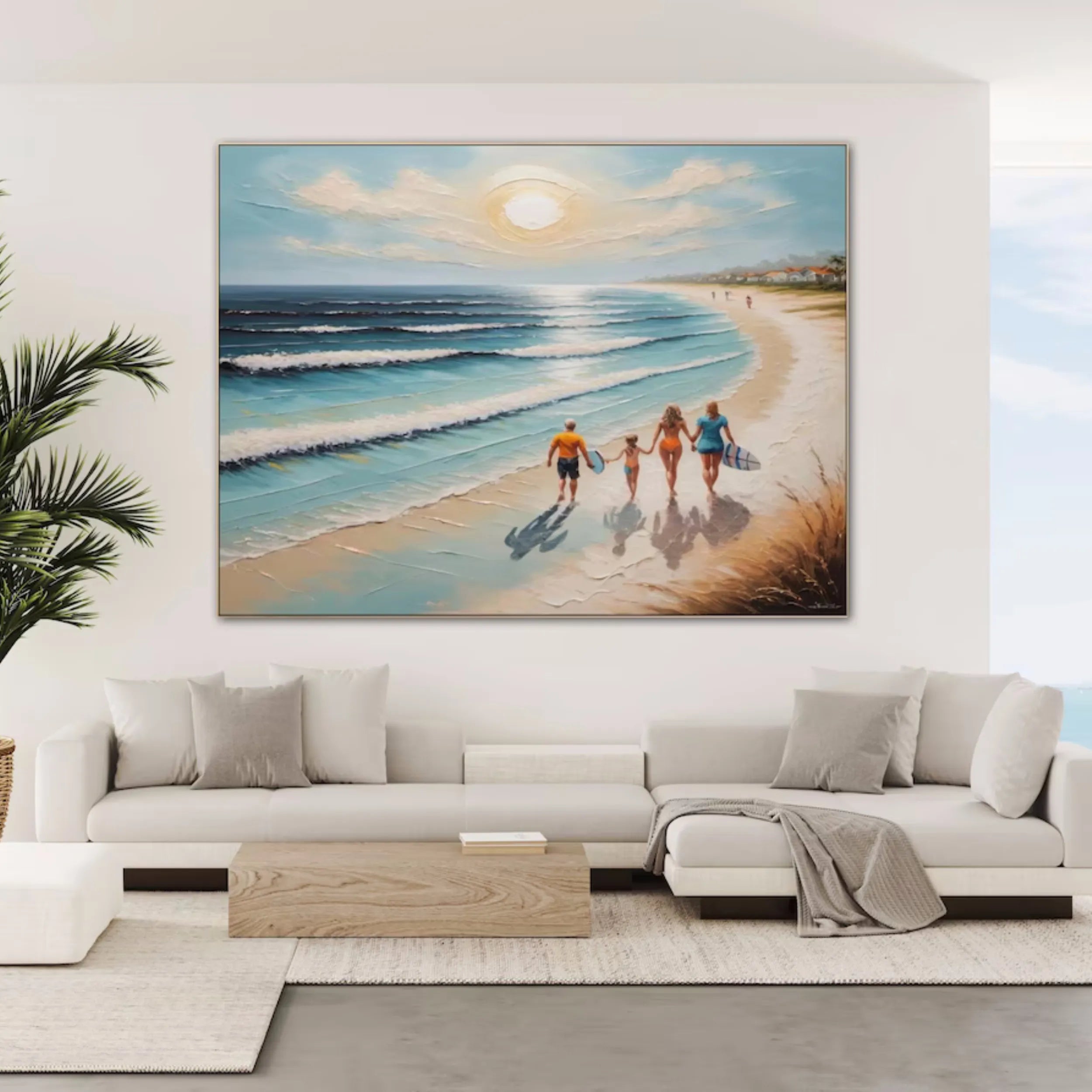 Family Beach Scene Painting – Vibrant Coastal Wall Art for Home Decor #JJ 277