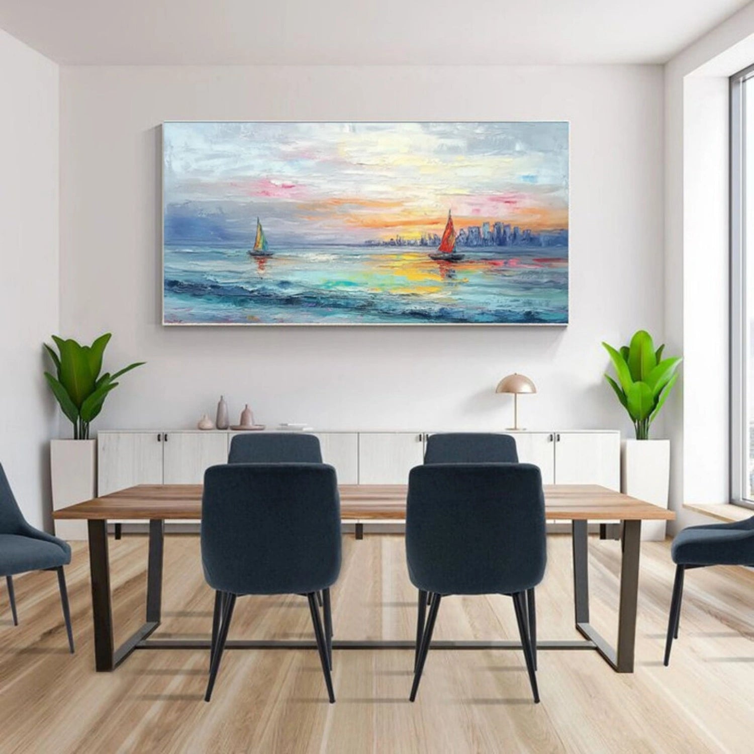 Sunset Seascape Sailboats City Abstract Oil Painting for Home Decor #JJ 181
