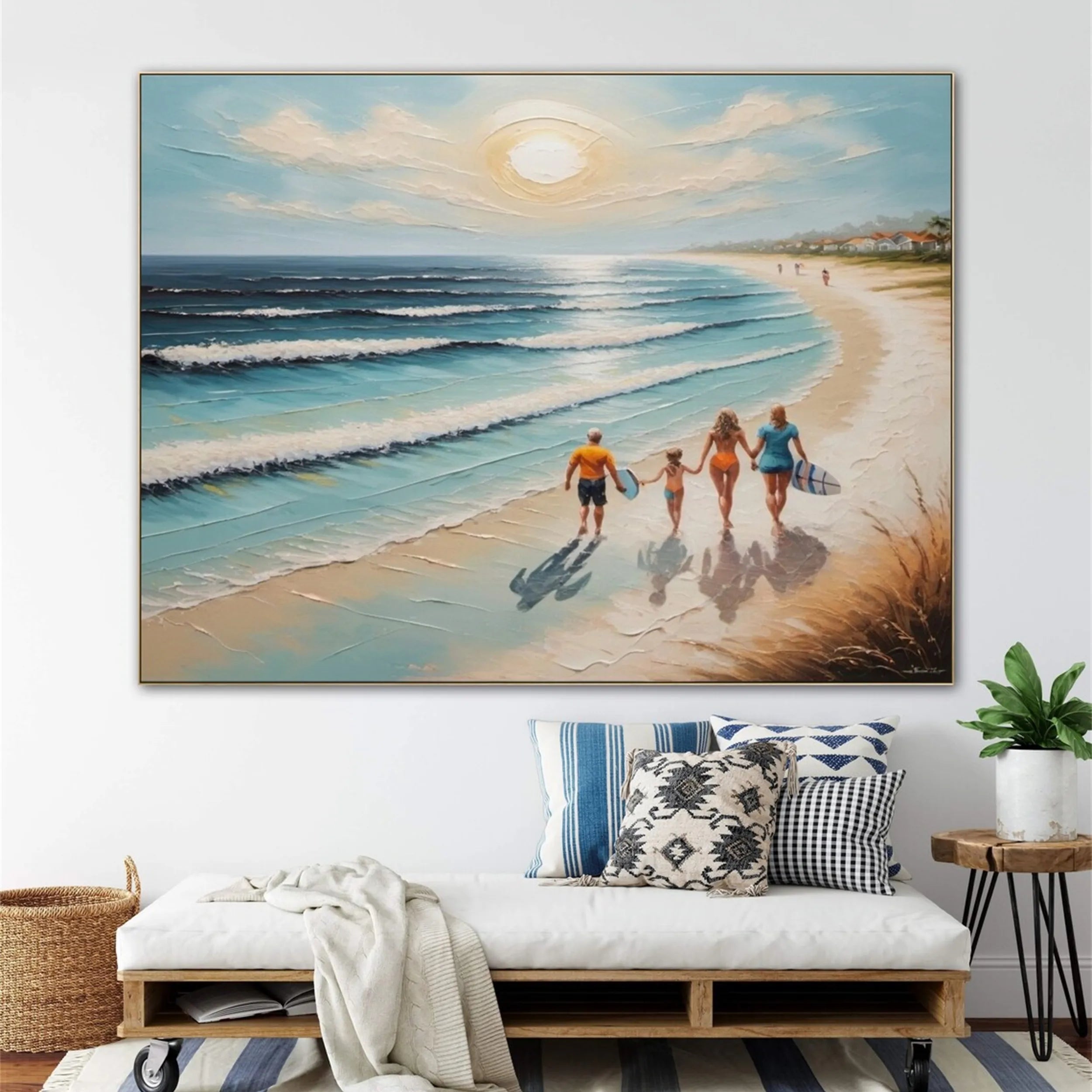 Family Beach Scene Painting – Vibrant Coastal Wall Art for Home Decor #JJ 277