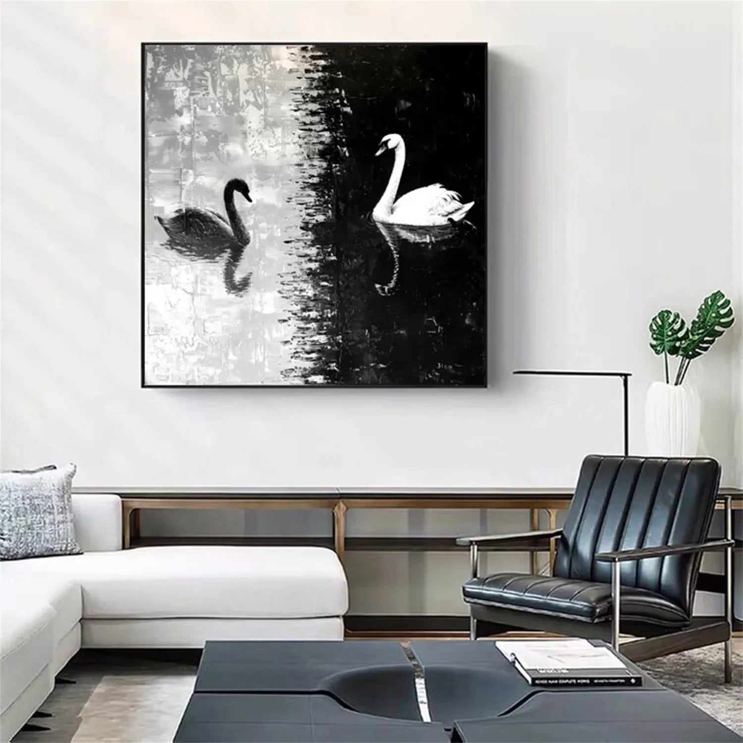 Black and White Swan Wall Art | Large Square Abstract Painting #ZZ 219