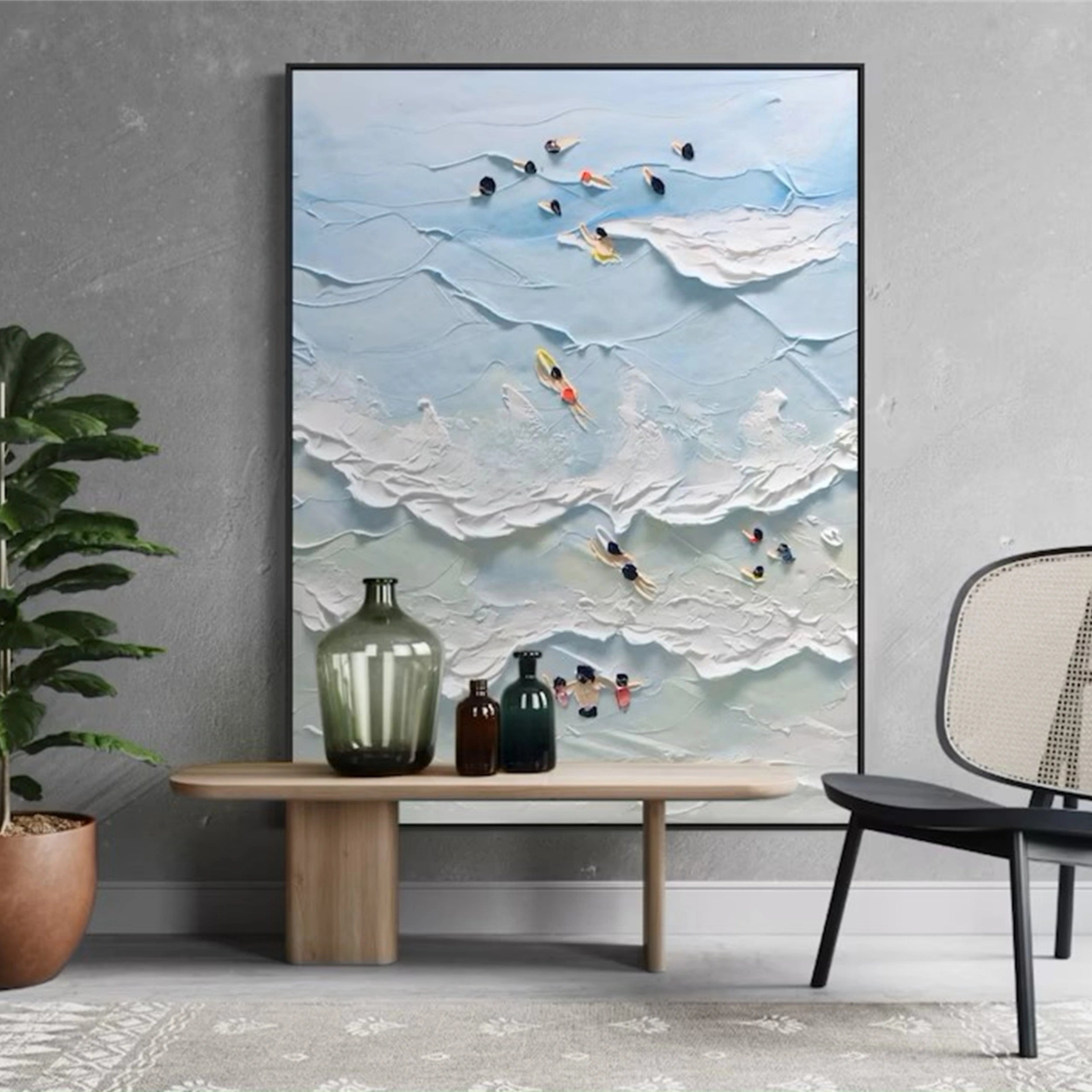 Large Vertical Ocean Wave Art | Textured Painting with Swimmers #ZZ 070