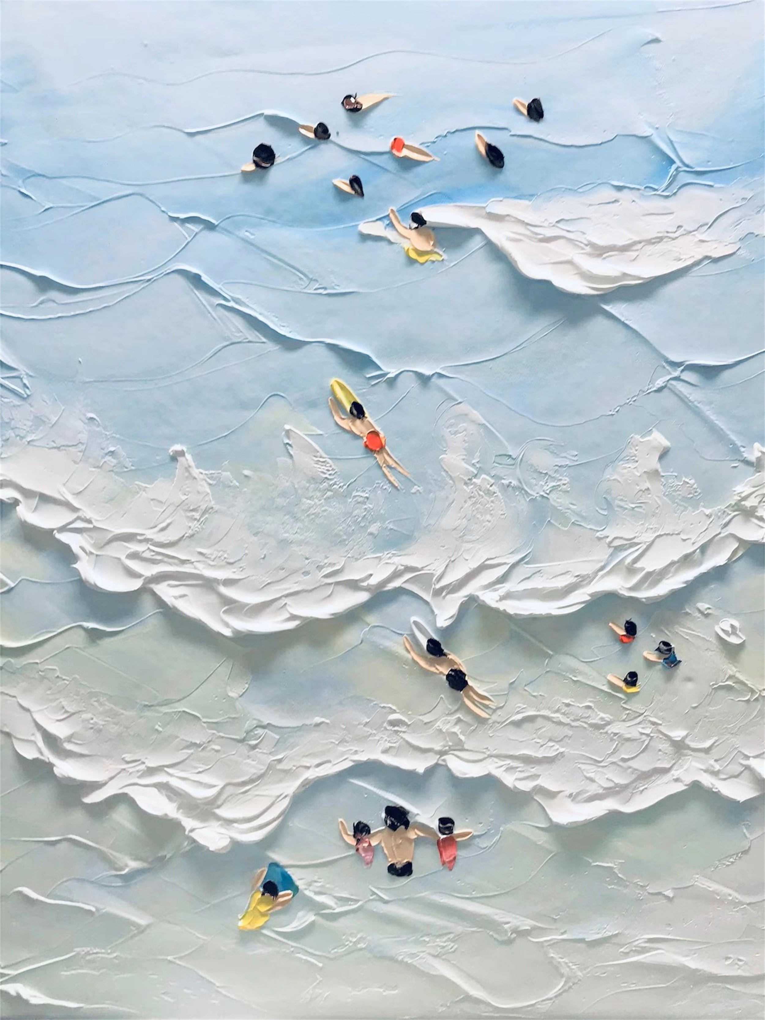 Large Vertical Ocean Wave Art | Textured Painting with Swimmers #ZZ 070