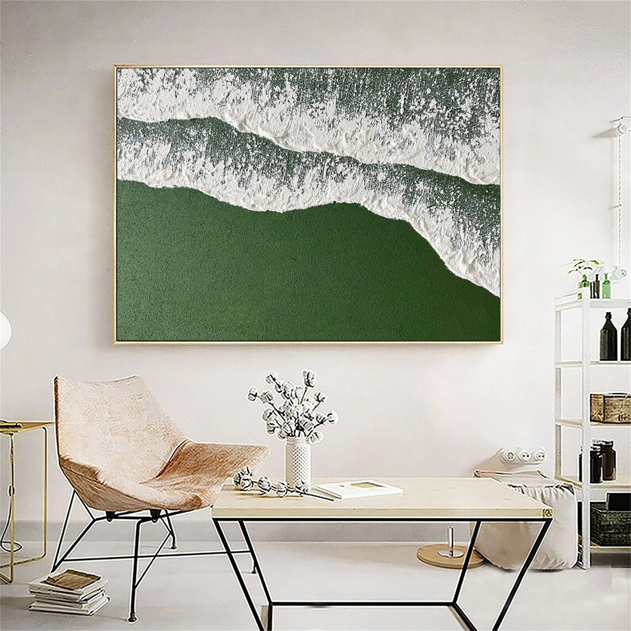 Green White Texture Painting - Shoreline Waves Wall Decor #JJ 256