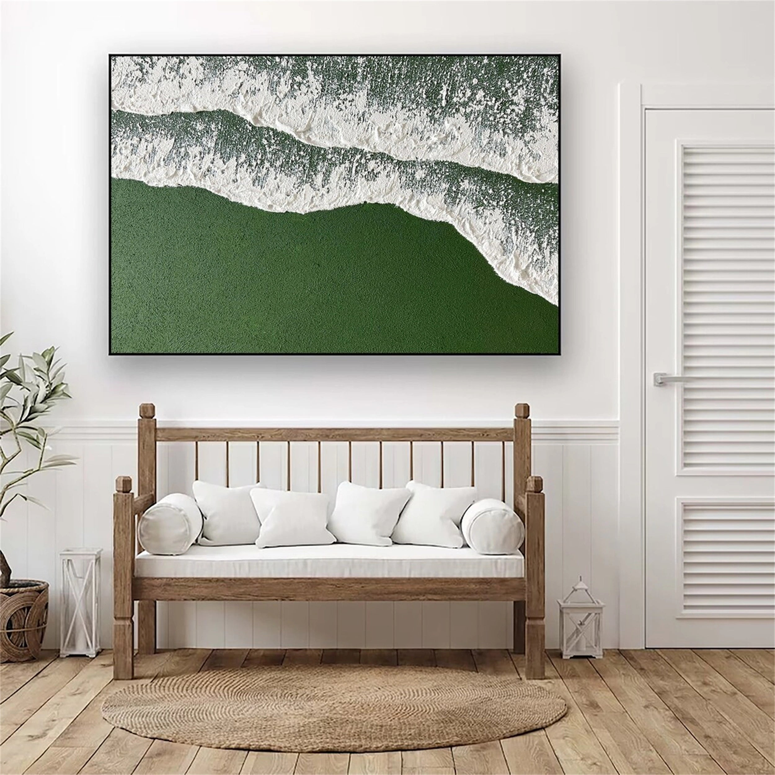 Green White Texture Painting - Shoreline Waves Wall Decor #JJ 256