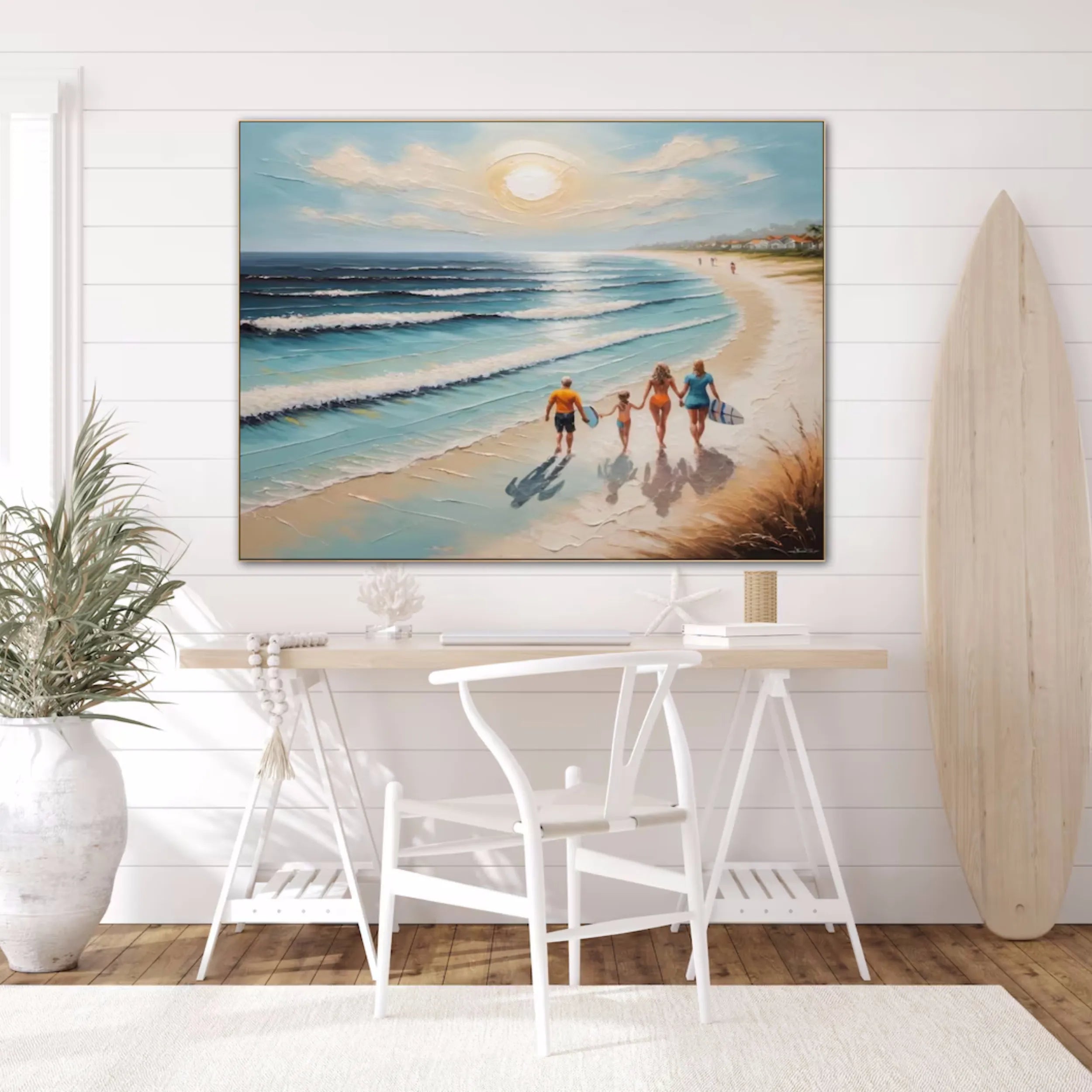 Family Beach Scene Painting – Vibrant Coastal Wall Art for Home Decor #JJ 277