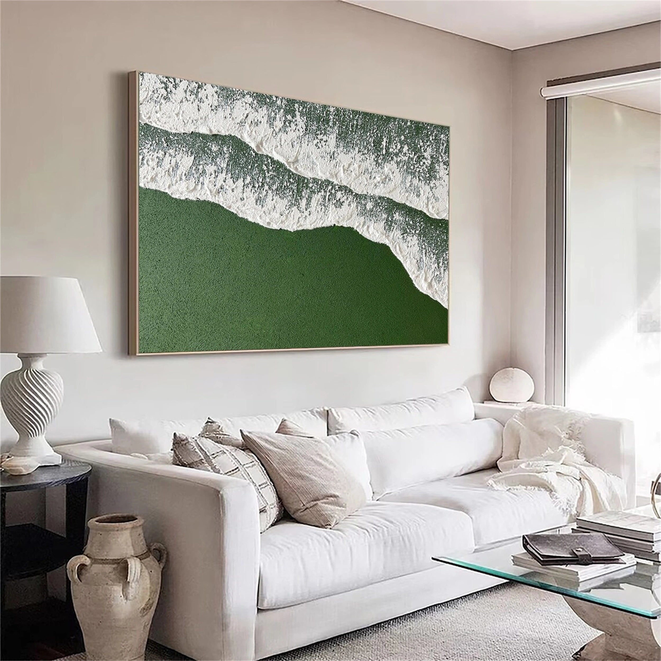 Green White Texture Painting - Shoreline Waves Wall Decor #JJ 256