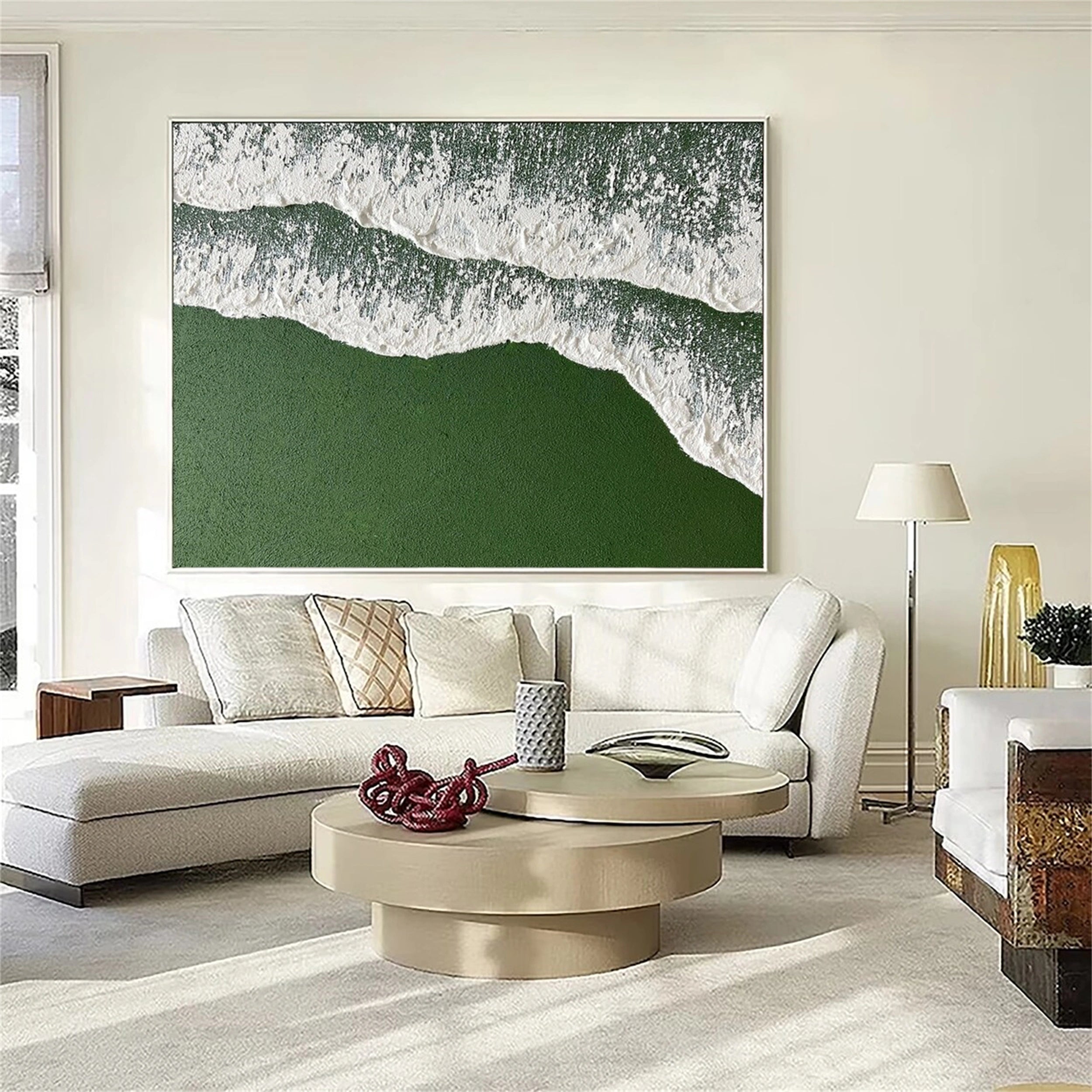 Green White Texture Painting - Shoreline Waves Wall Decor #JJ 256