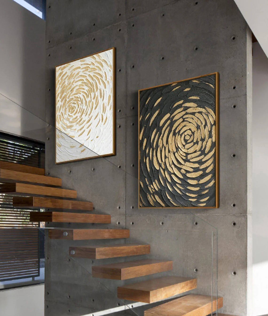 Gold Swirl Textured Abstract Diptych - Black & White Art #JJ 047