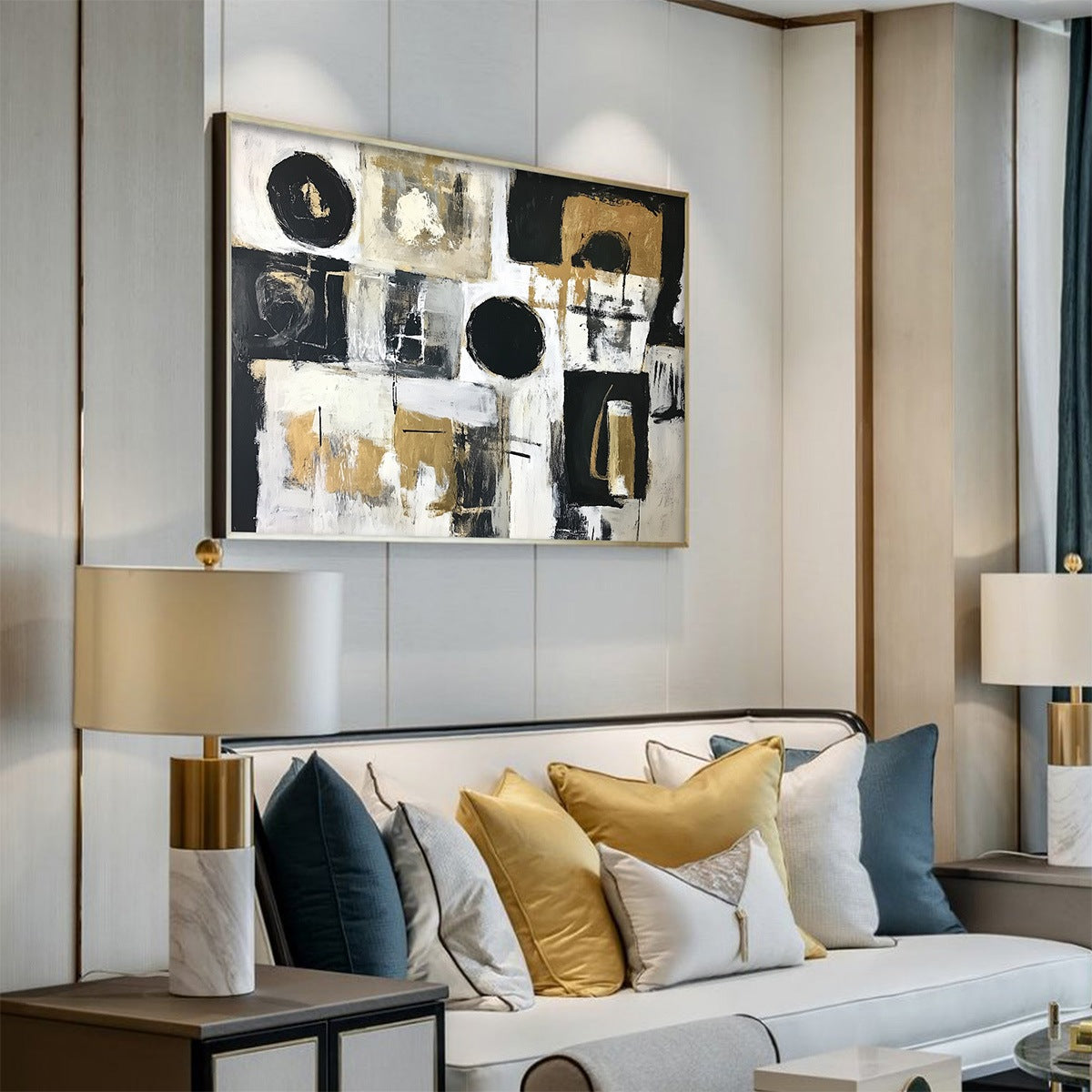 Large Geometric Abstract Painting | Gold & Black Wabi Sabi Art #ZZ 233