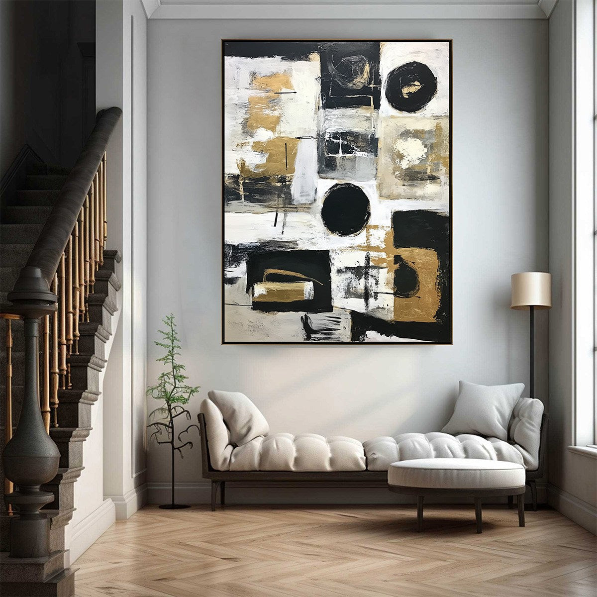 Large Geometric Abstract Painting | Gold & Black Wabi Sabi Art #ZZ 233